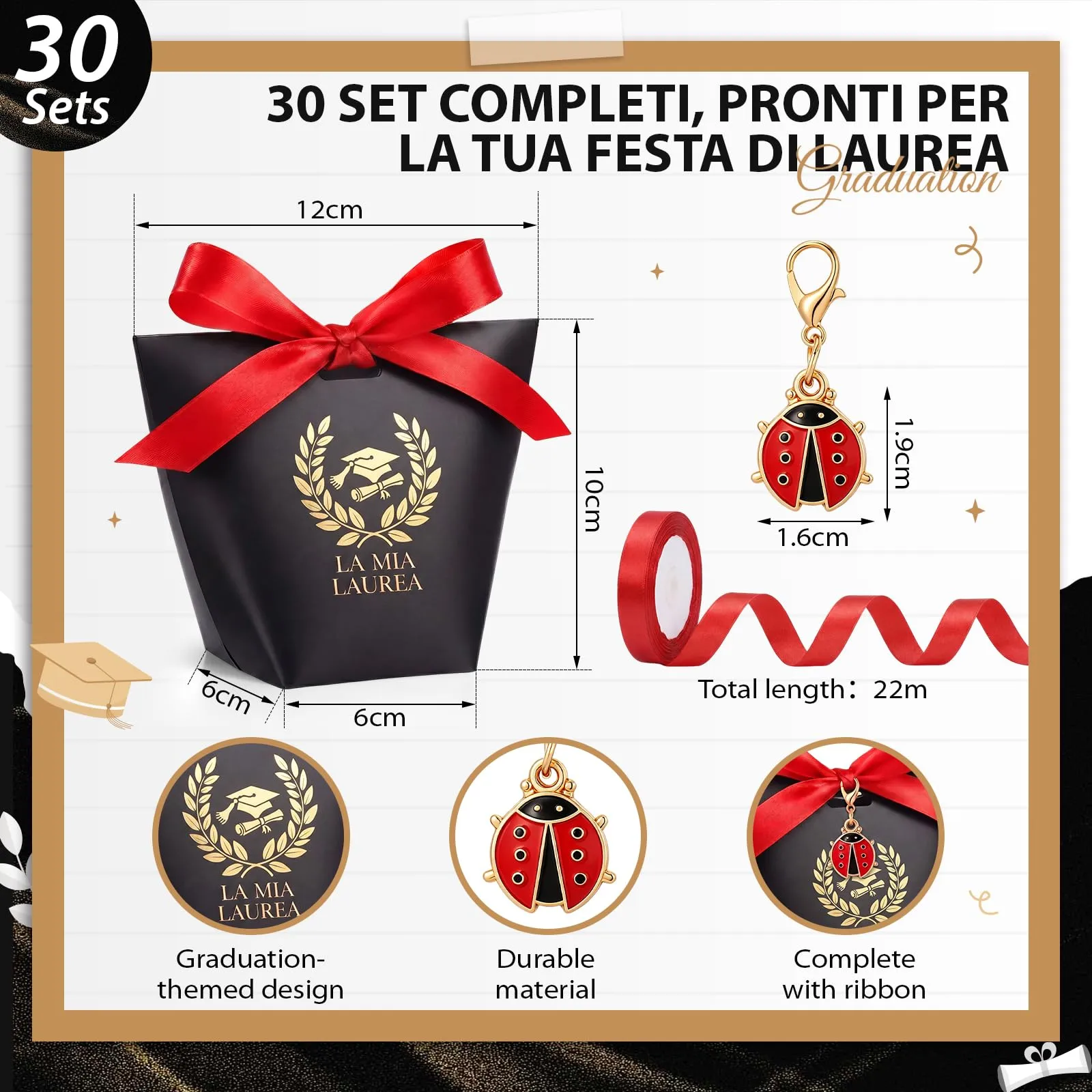 BBTO Set 30 Scatoline Portaconfetti Laurea con 30 Portachiavi Coccinella e Nastro Rosso - immagine 3