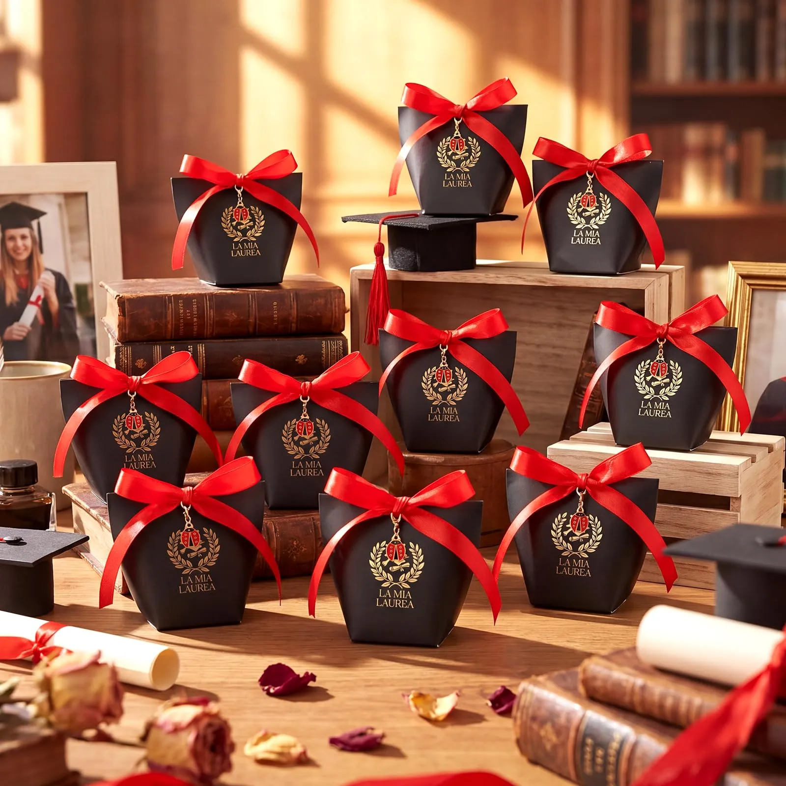 BBTO Set 50 Scatoline Portaconfetti Laurea con 50 Portachiavi Coccinella e Nastro Rosso - immagine 2