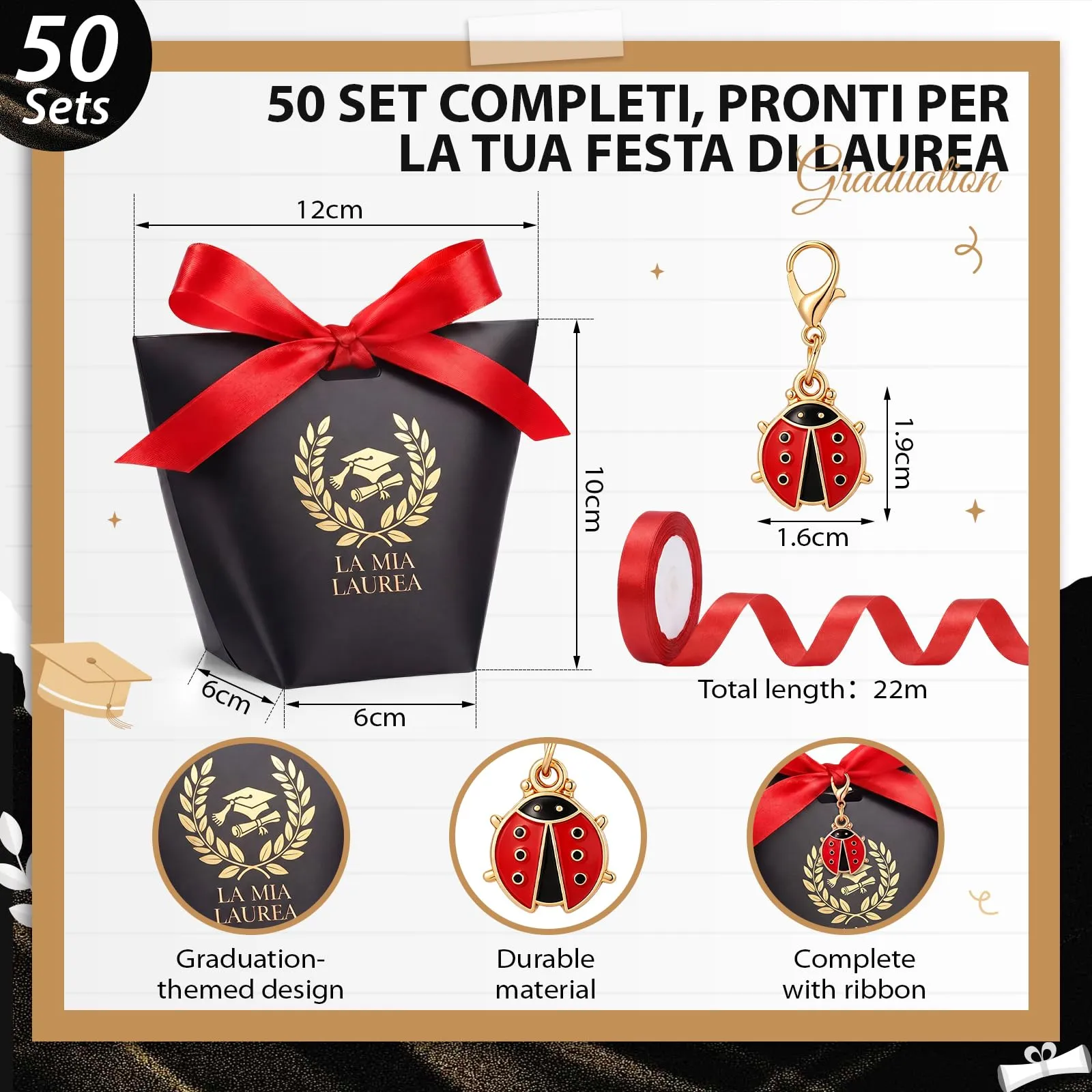 BBTO Set 50 Scatoline Portaconfetti Laurea con 50 Portachiavi Coccinella e Nastro Rosso - immagine 3