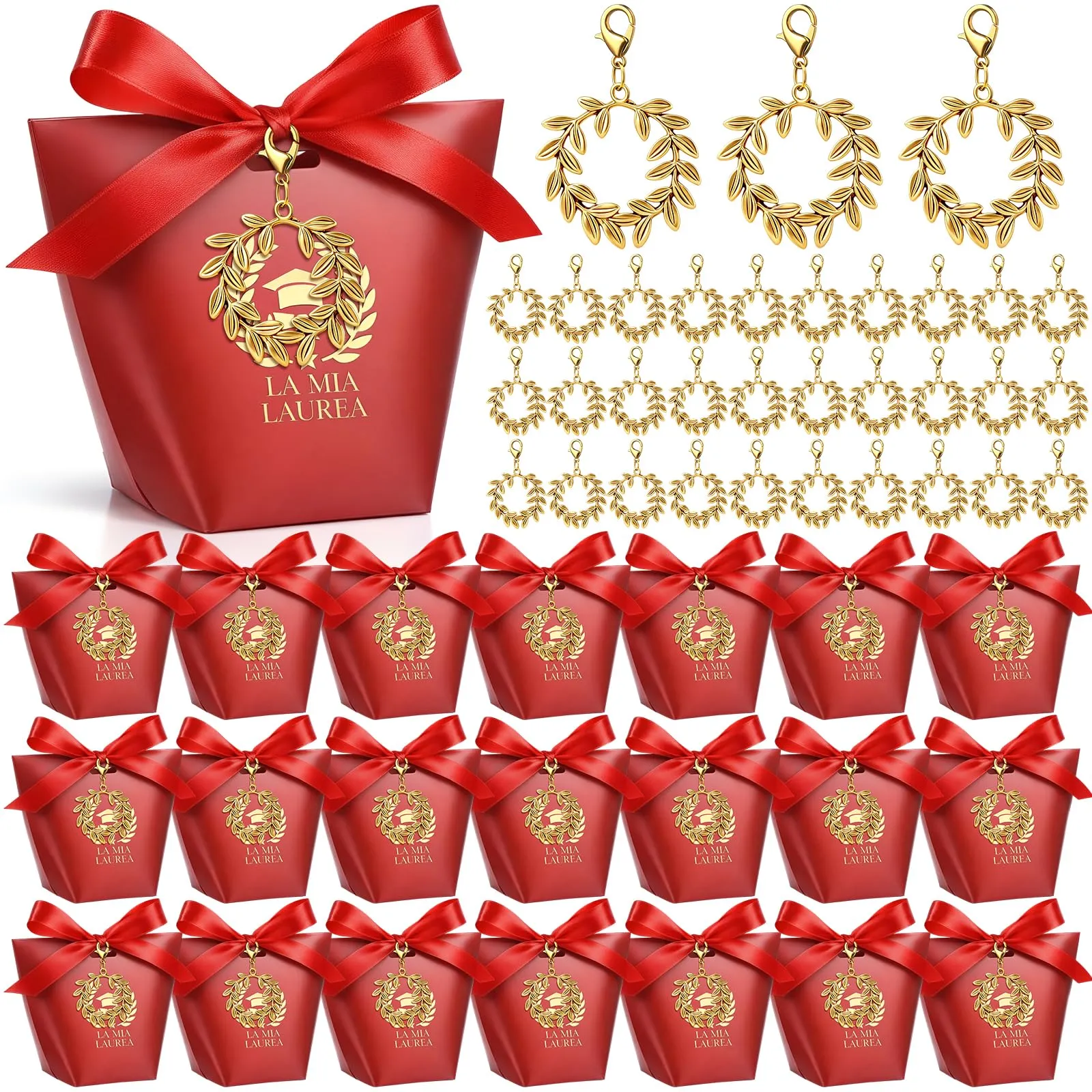 BBTO Set 50 Scatoline Portaconfetti Laurea con Portachiavi Corona d'Alloro e Nastro Rosso - immagine 1