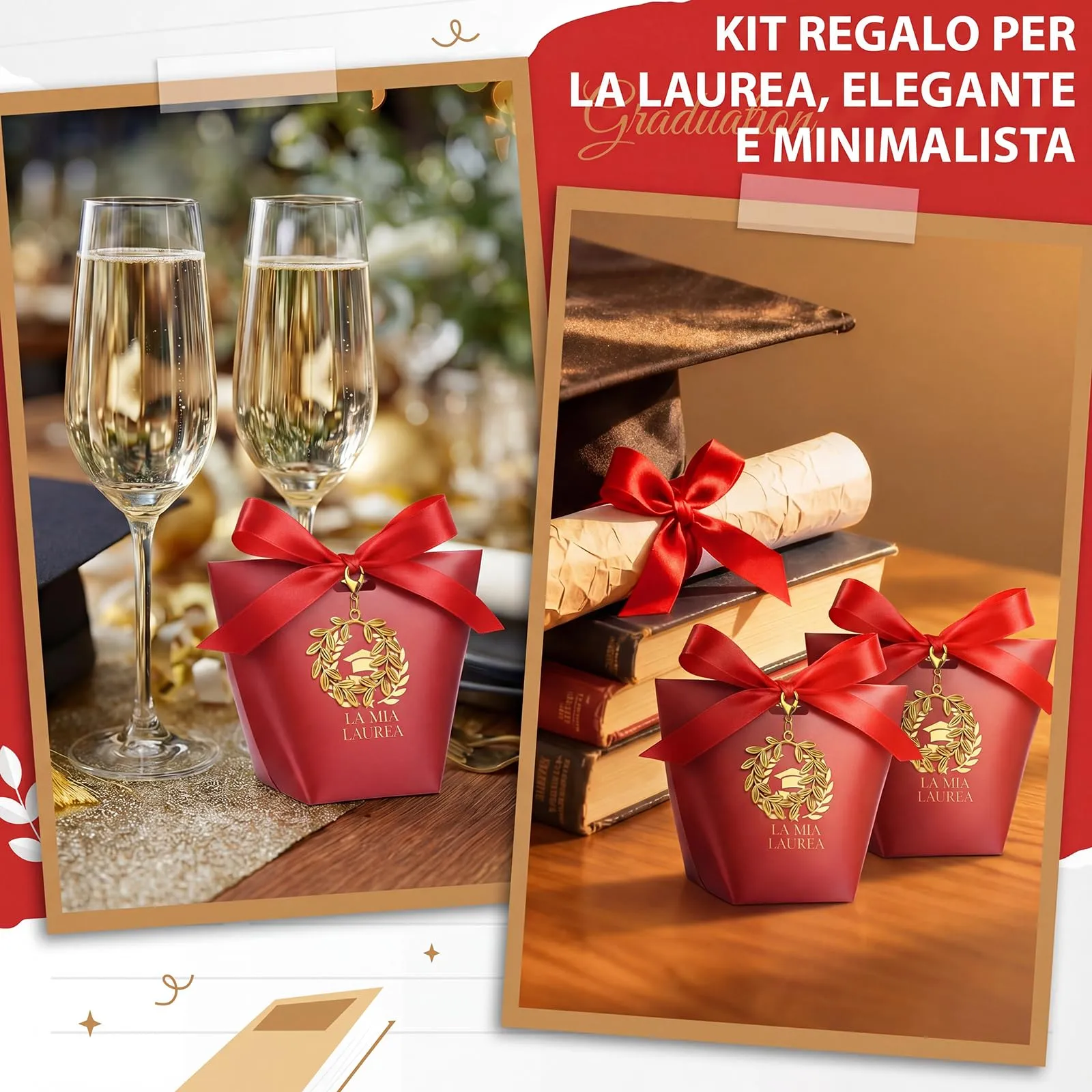 BBTO Set 50 Scatoline Portaconfetti Laurea con Portachiavi Corona d'Alloro e Nastro Rosso - immagine 5