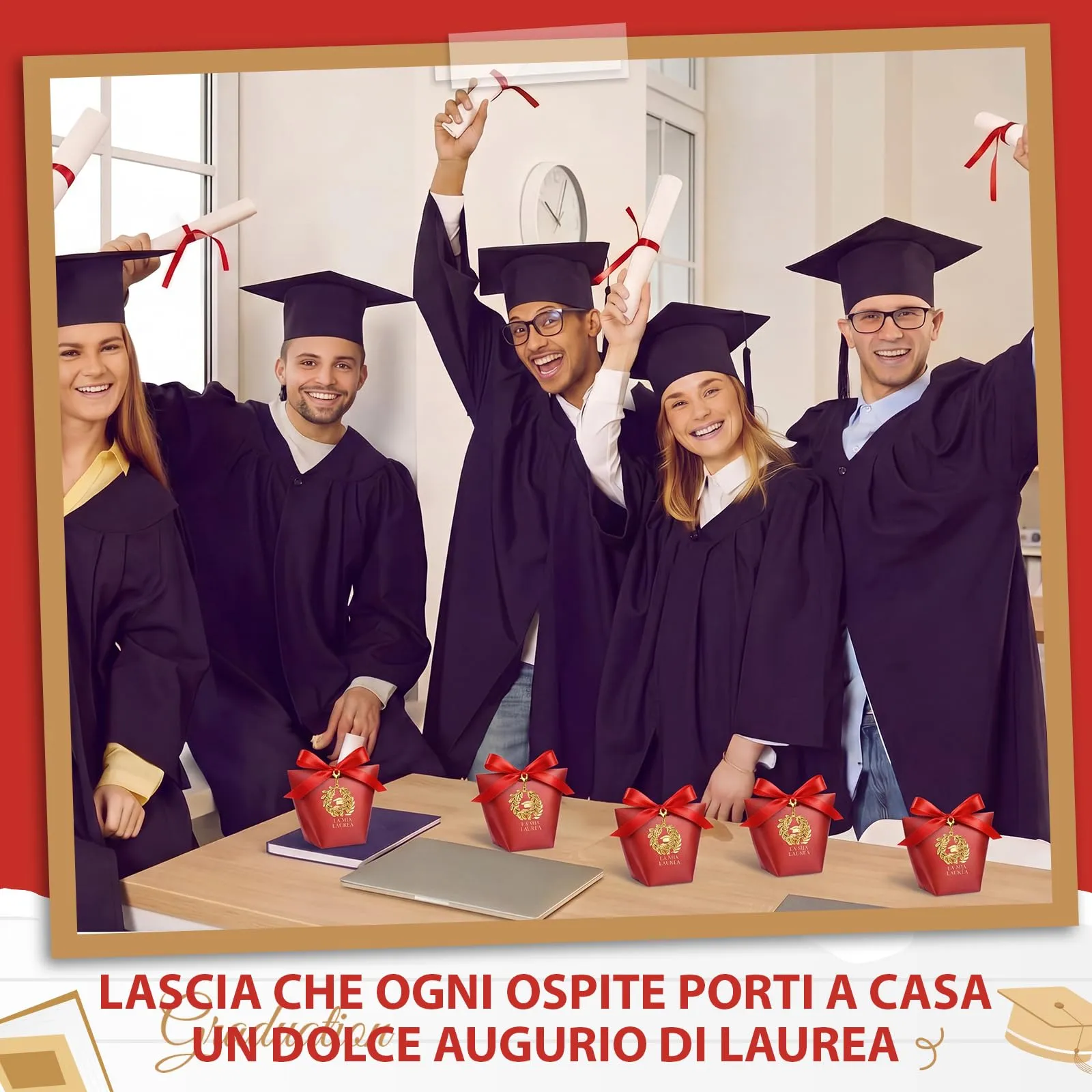 BBTO Set 50 Scatoline Portaconfetti Laurea con Portachiavi Corona d'Alloro e Nastro Rosso - immagine 7