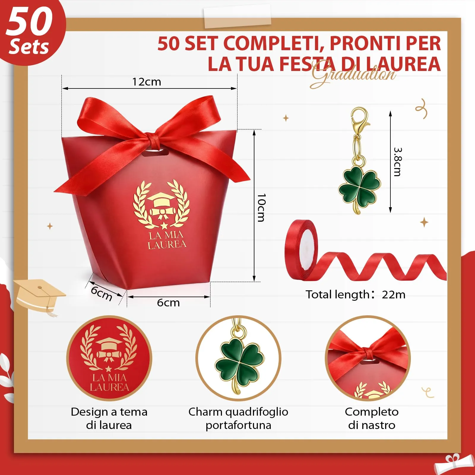 BBTO Set 50 Scatoline Portaconfetti Laurea con Portachiavi e Nastro Rosso - immagine 2