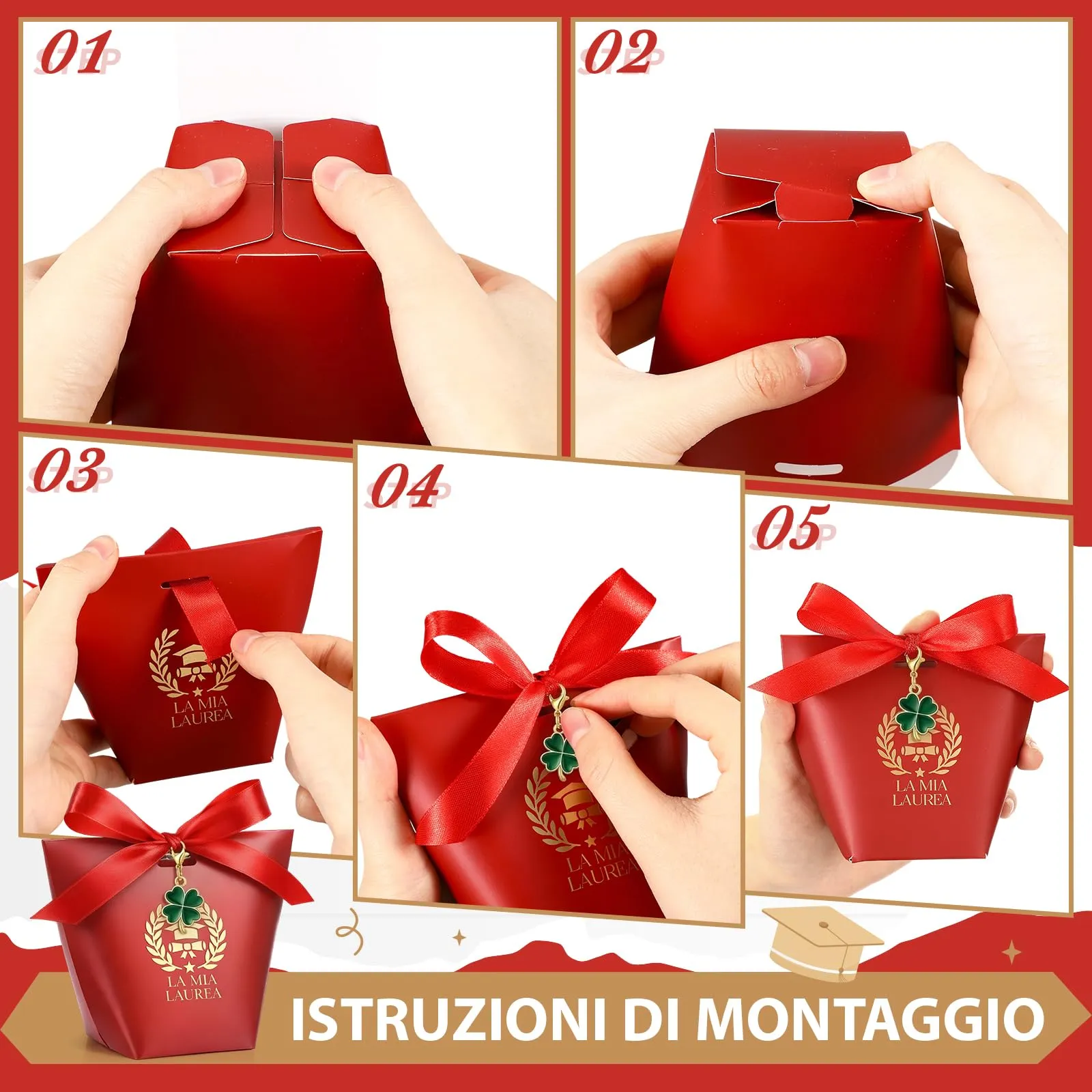 BBTO Set 50 Scatoline Portaconfetti Laurea con Portachiavi e Nastro Rosso - immagine 3