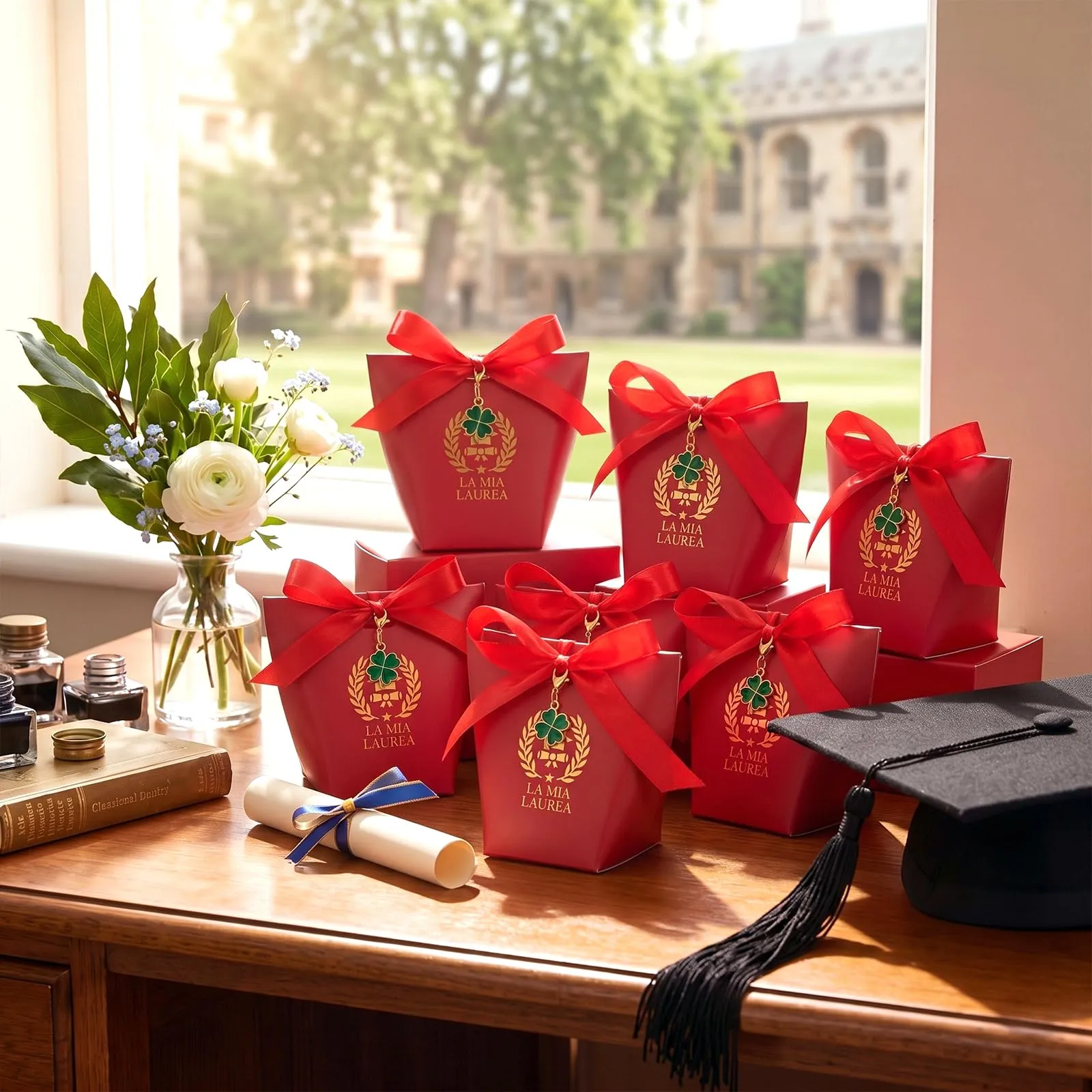 BBTO Set 50 Scatoline Portaconfetti Laurea con Portachiavi e Nastro Rosso - immagine 4