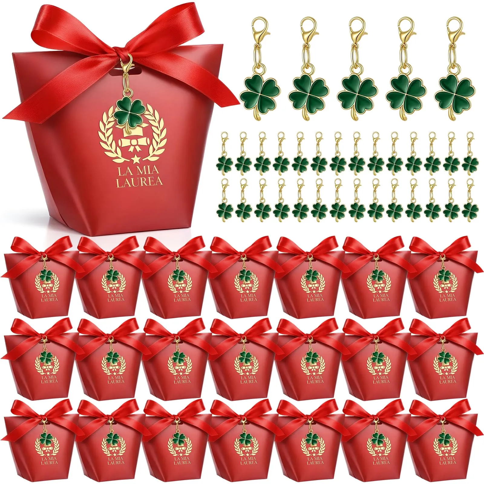 BBTO Set 30 Scatoline Portaconfetti Laurea con Portachiavi e Nastro Rosso - immagine 1