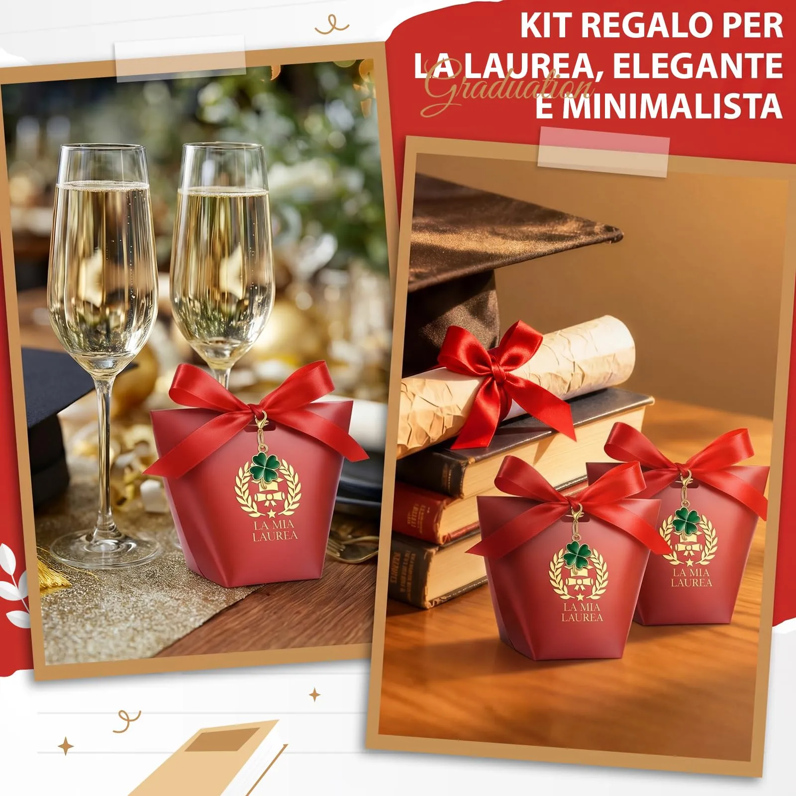 BBTO Set 30 Scatoline Portaconfetti Laurea con Portachiavi e Nastro Rosso - immagine 4