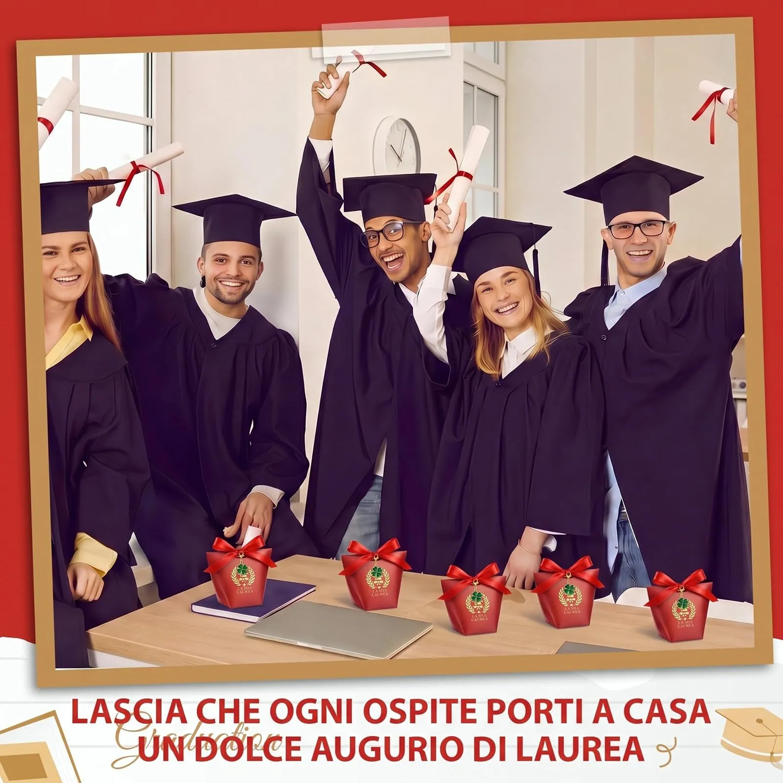 BBTO Set 30 Scatoline Portaconfetti Laurea con Portachiavi e Nastro Rosso - immagine 7