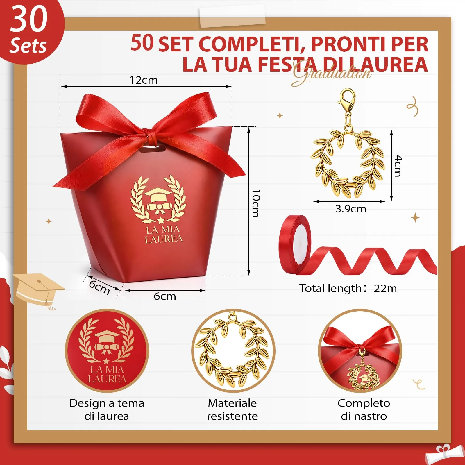 BBTO Set 30 Scatoline Portaconfetti Laurea con Portachiavi Corona d'Alloro e Nastro Rosso - immagine 2