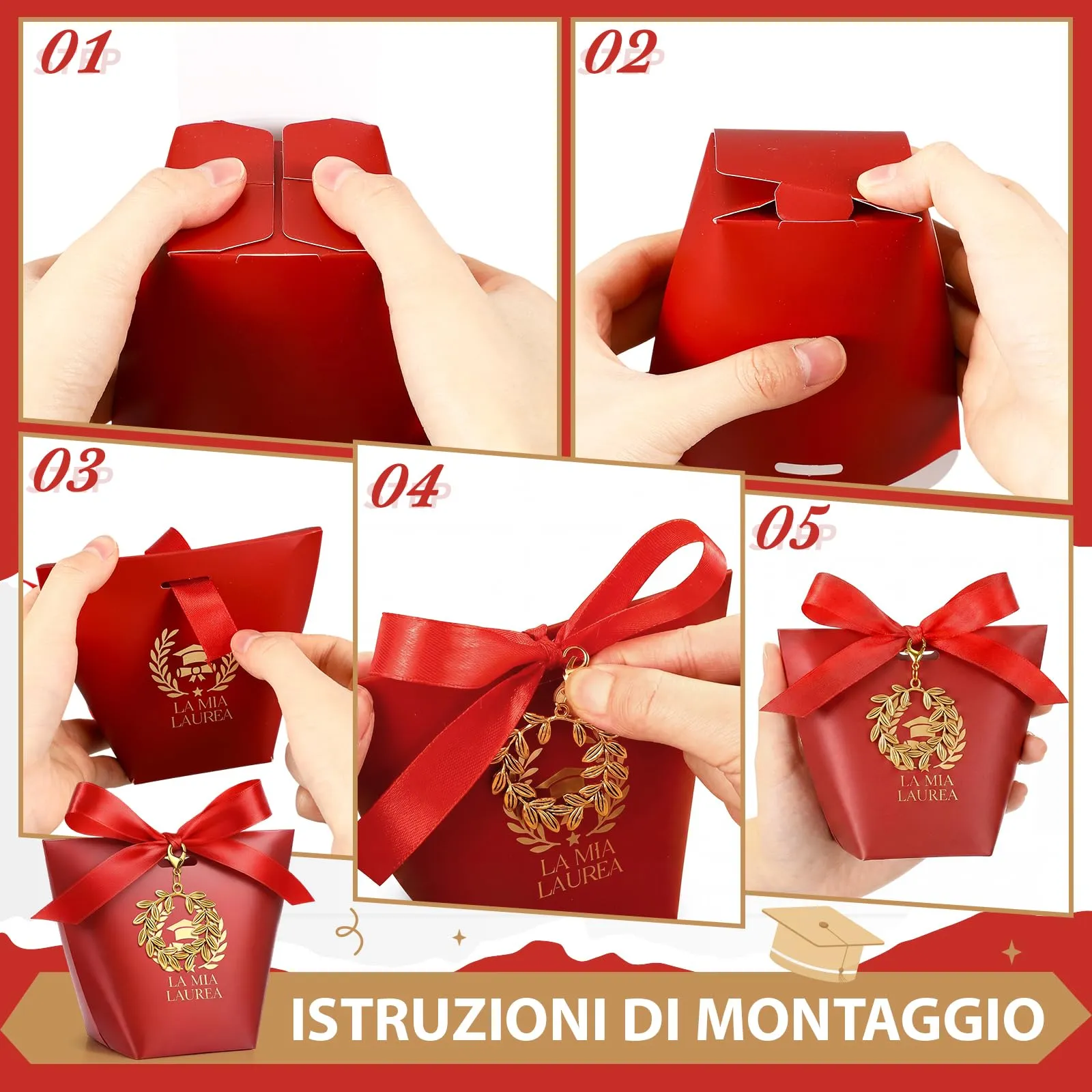 BBTO Set 30 Scatoline Portaconfetti Laurea con Portachiavi Corona d'Alloro e Nastro Rosso - immagine 4