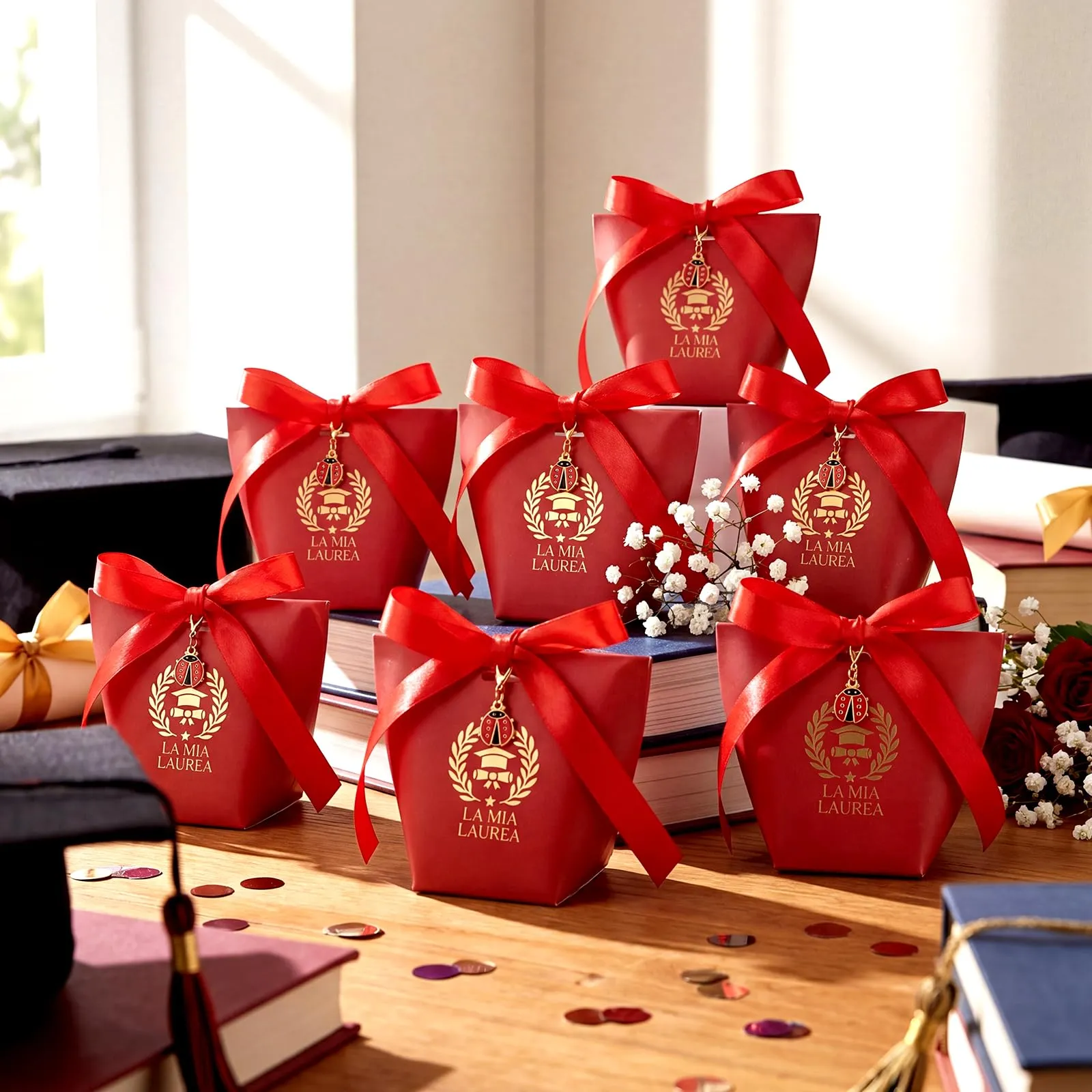 BBTO Set 30 Scatoline Portaconfetti Laurea con 30 Portachiavi Coccinella e Nastro Rosso - immagine 2