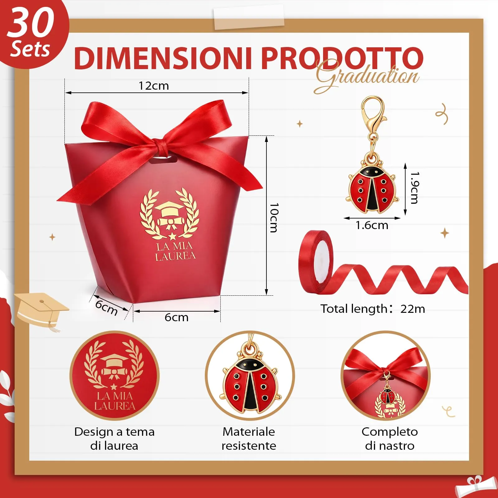 BBTO Set 30 Scatoline Portaconfetti Laurea con 30 Portachiavi Coccinella e Nastro Rosso - immagine 3