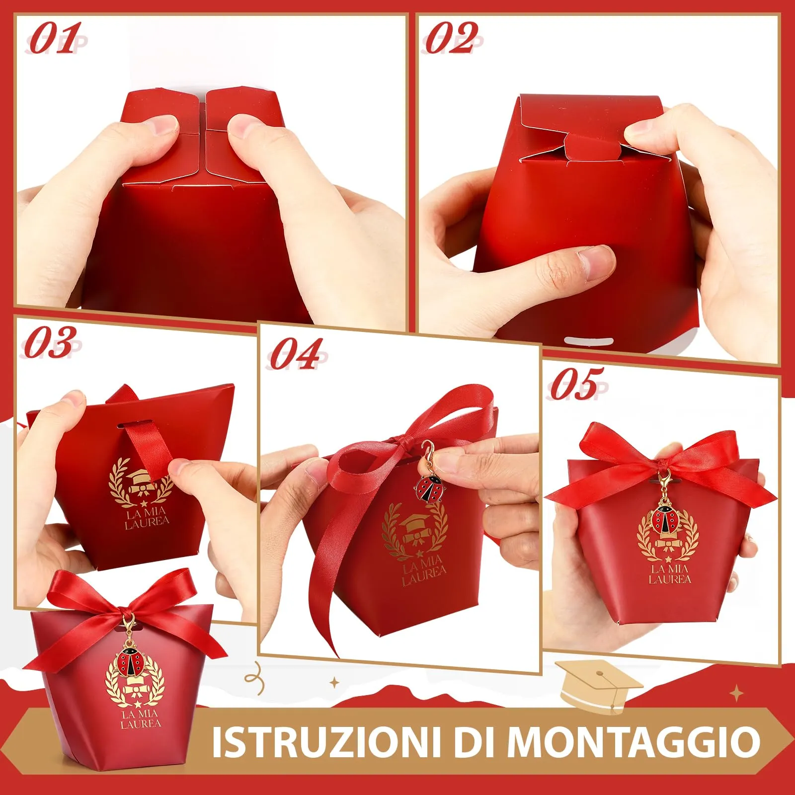 BBTO Set 30 Scatoline Portaconfetti Laurea con 30 Portachiavi Coccinella e Nastro Rosso - immagine 4