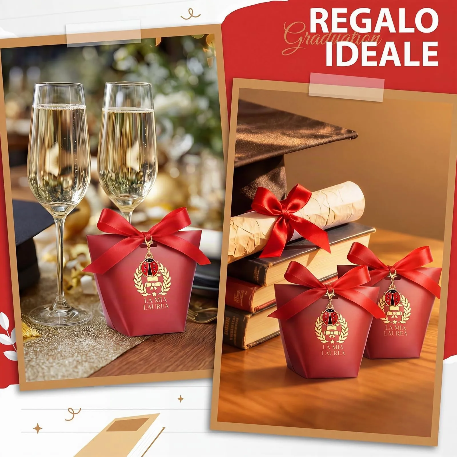 BBTO Set 30 Scatoline Portaconfetti Laurea con 30 Portachiavi Coccinella e Nastro Rosso - immagine 6