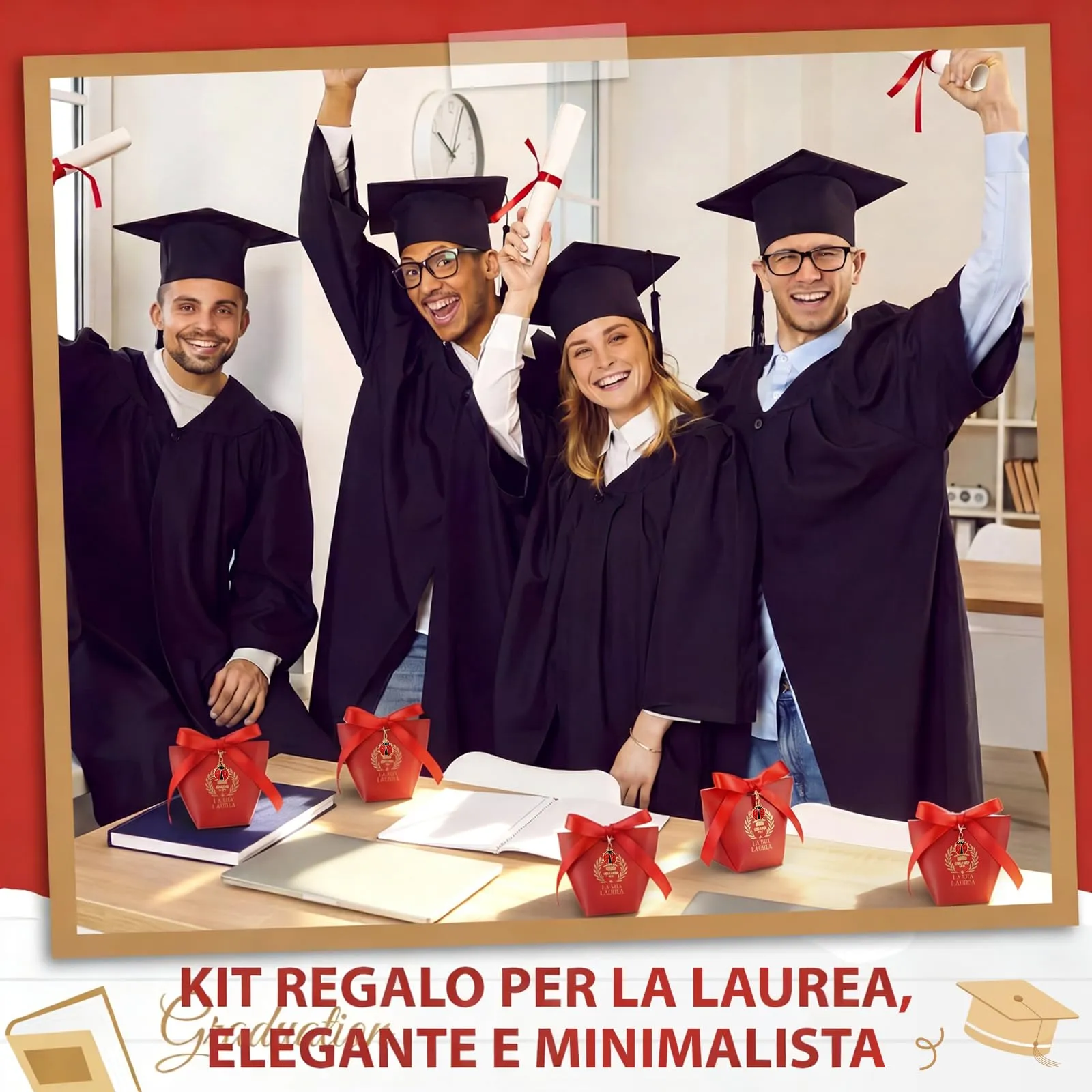 BBTO Set 30 Scatoline Portaconfetti Laurea con 30 Portachiavi Coccinella e Nastro Rosso - immagine 7