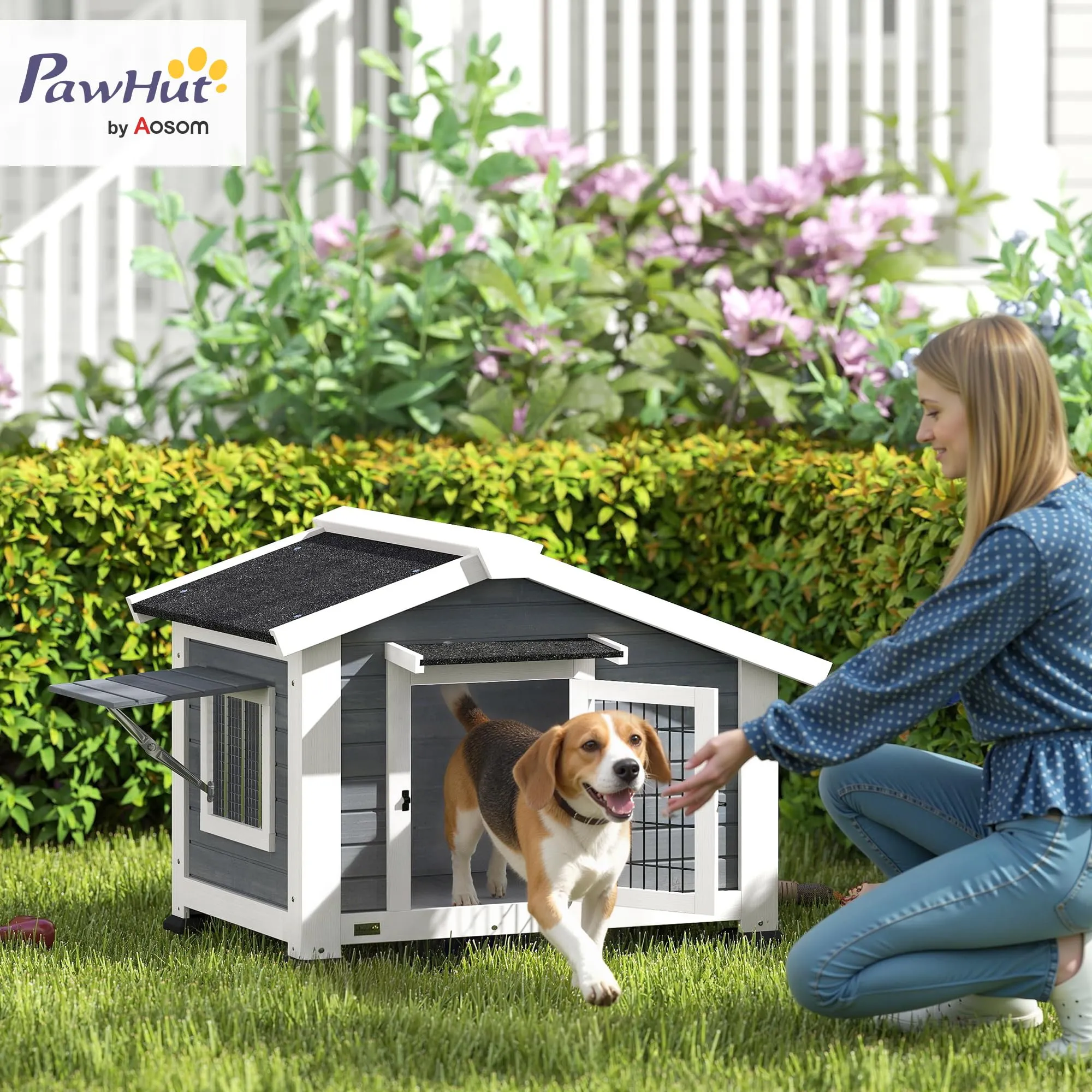 PawHut Cuccia per Cani da Esterno in Legno Rialzata con Tetto Impermeabile - immagine 2