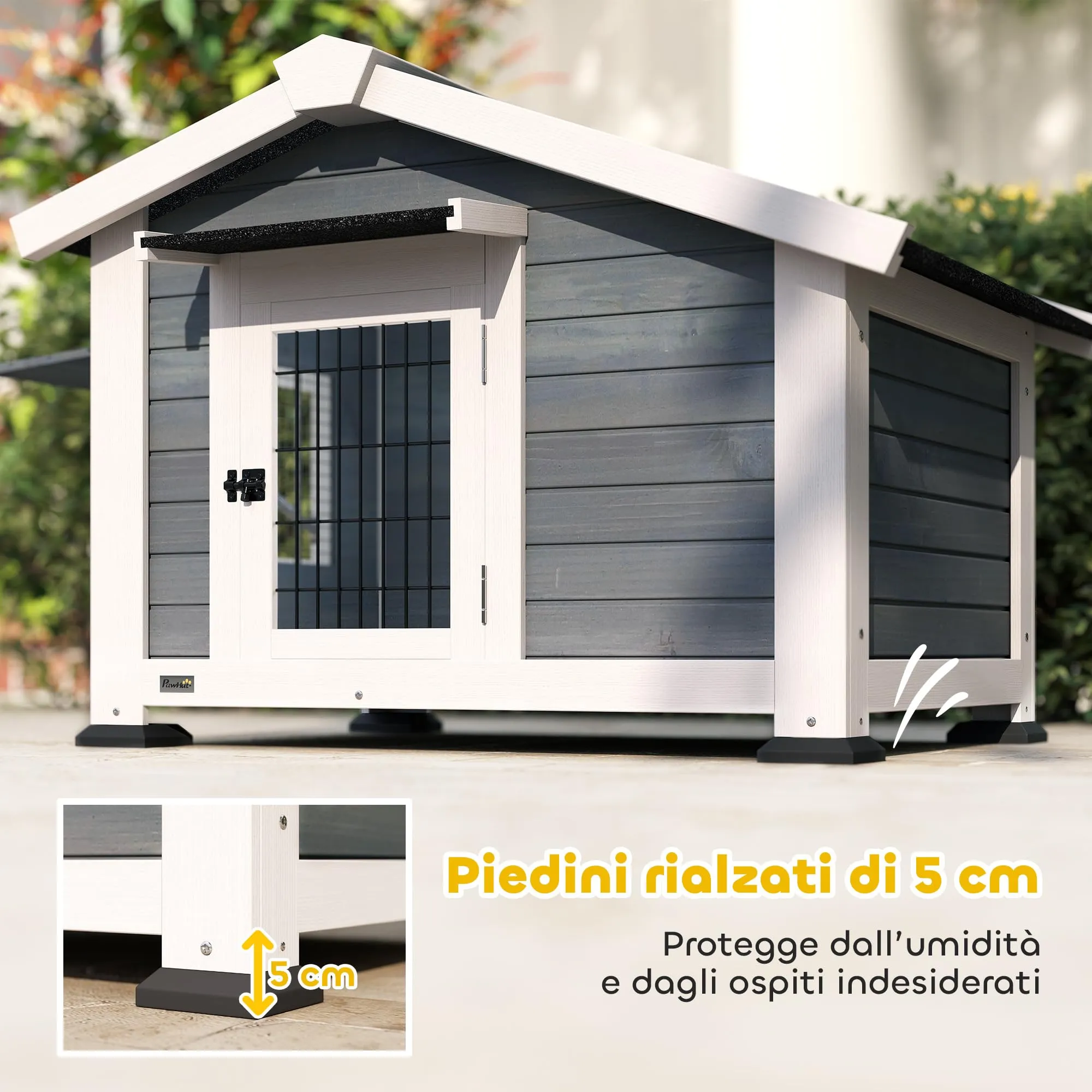 PawHut Cuccia per Cani da Esterno in Legno Rialzata con Tetto Impermeabile - immagine 5