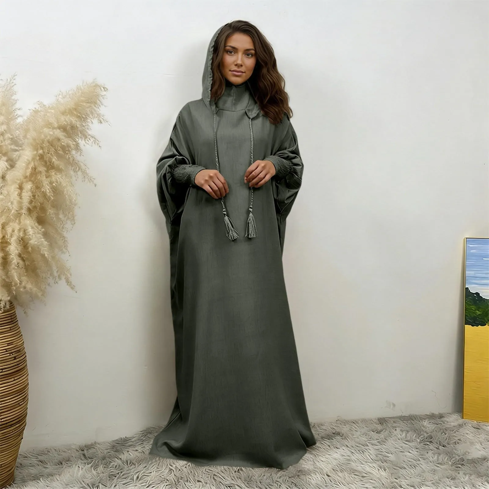 Generisch Abito da preghiera donna Hijab Abaya Jilbab Islamico, verde chiaro, XL - immagine 3