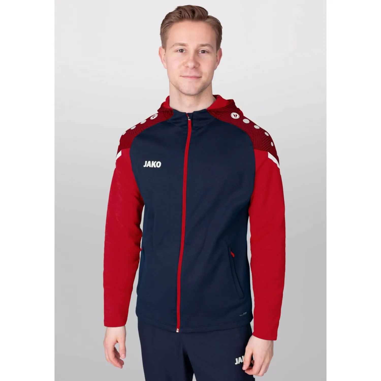 JAKO Giacca con cappuccio Performance Mista, Blu acqua marina/rosso, M - immagine 2