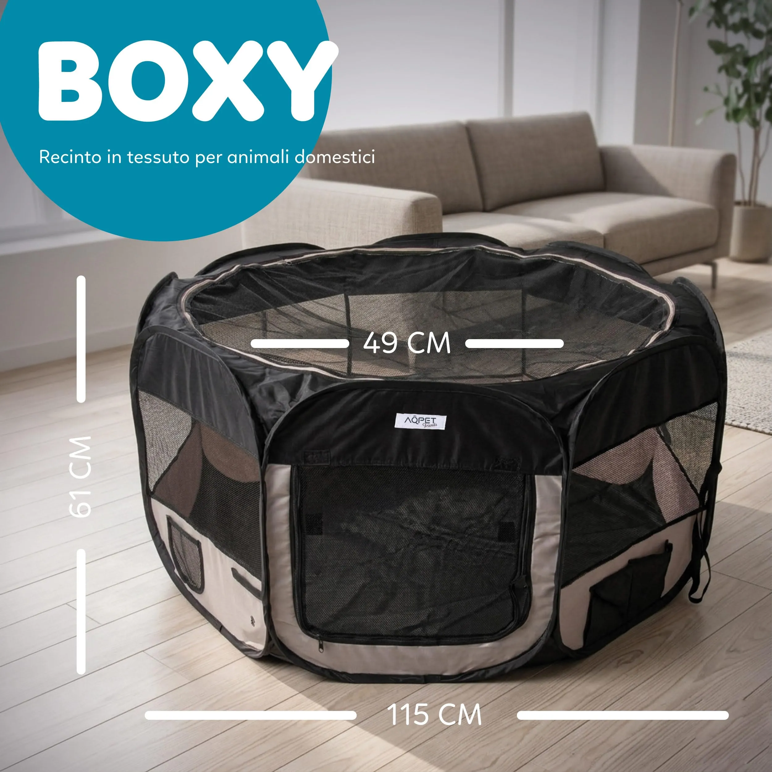 AQPET Box per Cani e Gatti Cuccioli, Recinto Pieghevole in Tessuto Impermeabile, Nero - immagine 2