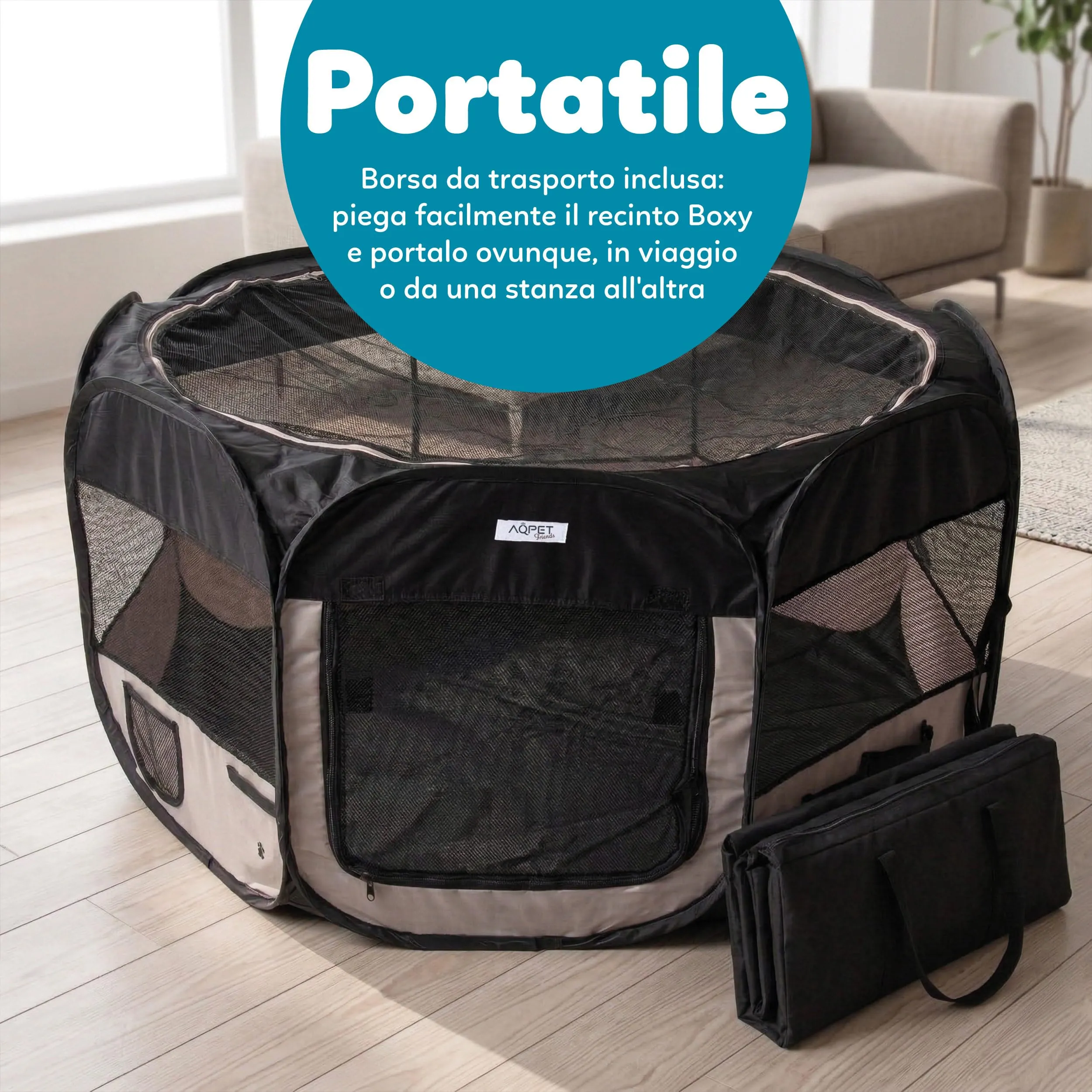 AQPET Box per Cani e Gatti Cuccioli, Recinto Pieghevole in Tessuto Impermeabile, Nero - immagine 4