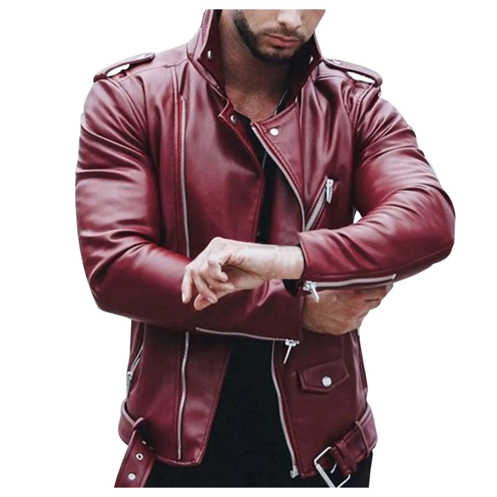 Giacca in Pelle Sintetica da Uomo, Giubbotto Biker Casual Tinta Unita - immagine 1