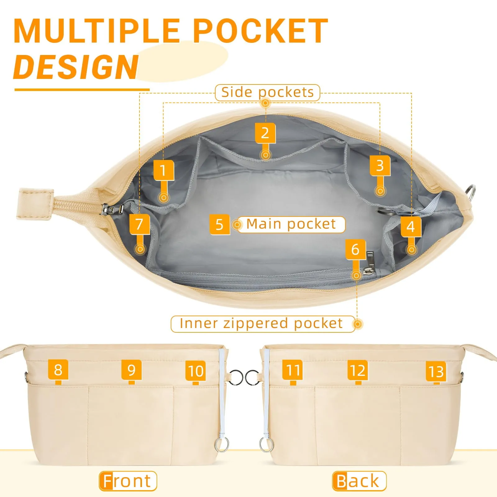 HyFanStr Nylon Bag Organizer with Zip, Beige, Size S - immagine 2