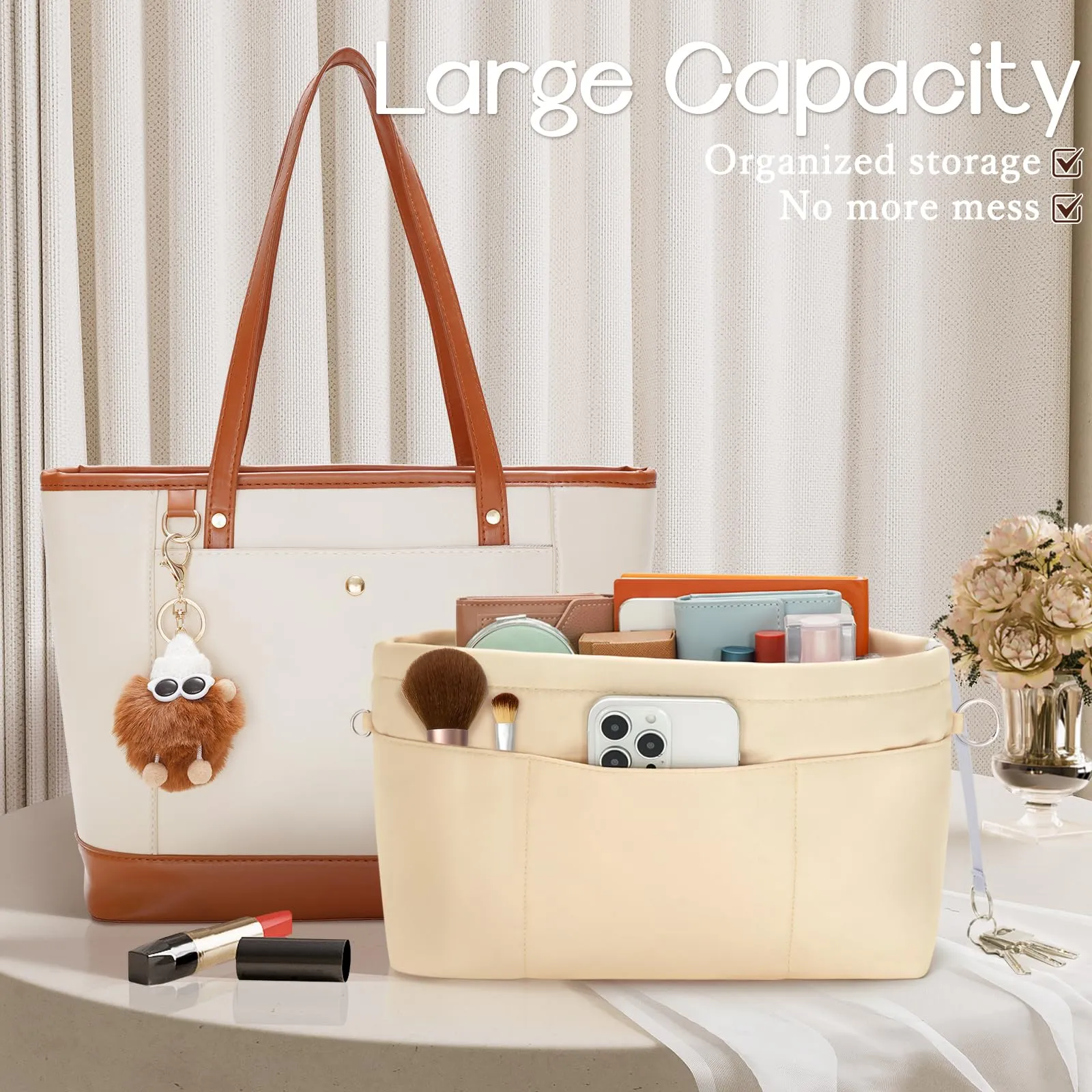 HyFanStr Nylon Bag Organizer with Zip, Beige, Size S - immagine 5
