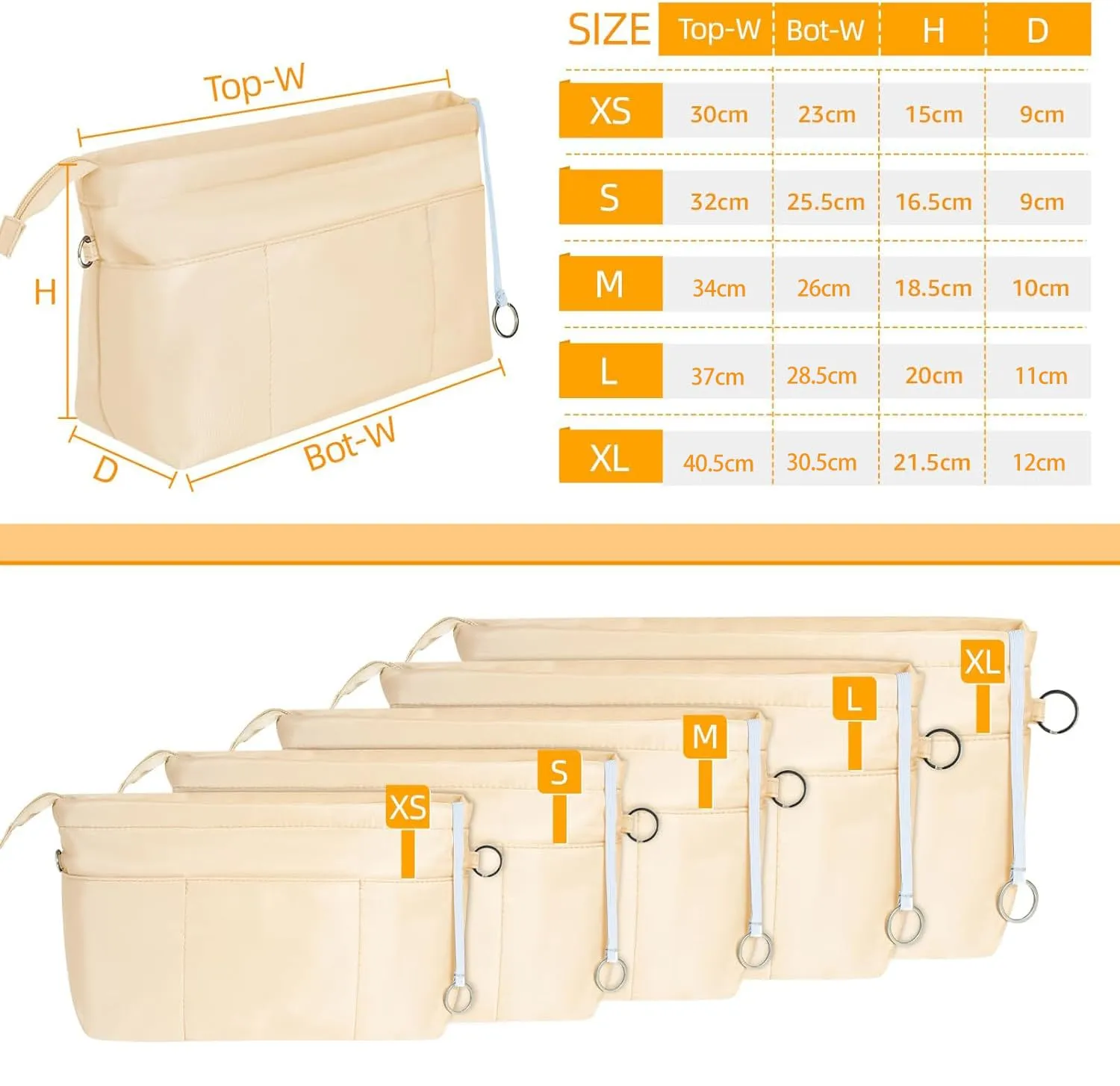 HyFanStr Nylon Bag Organizer with Zip, Beige, Size S - immagine 6