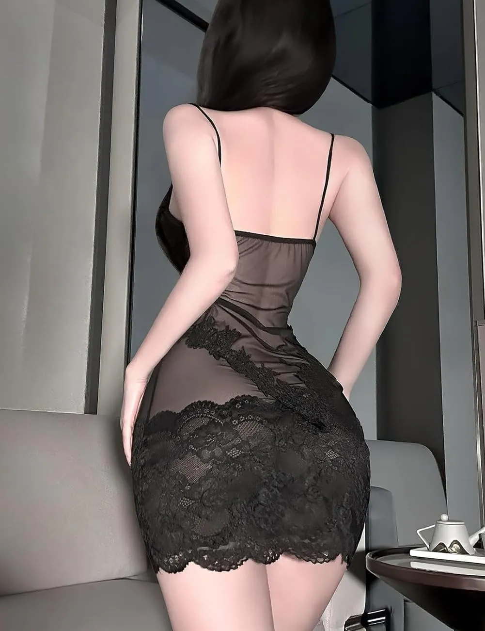 Oludkeph Abito da Donna in Pizzo Floreale e Rete, Nero, XL - immagine 3
