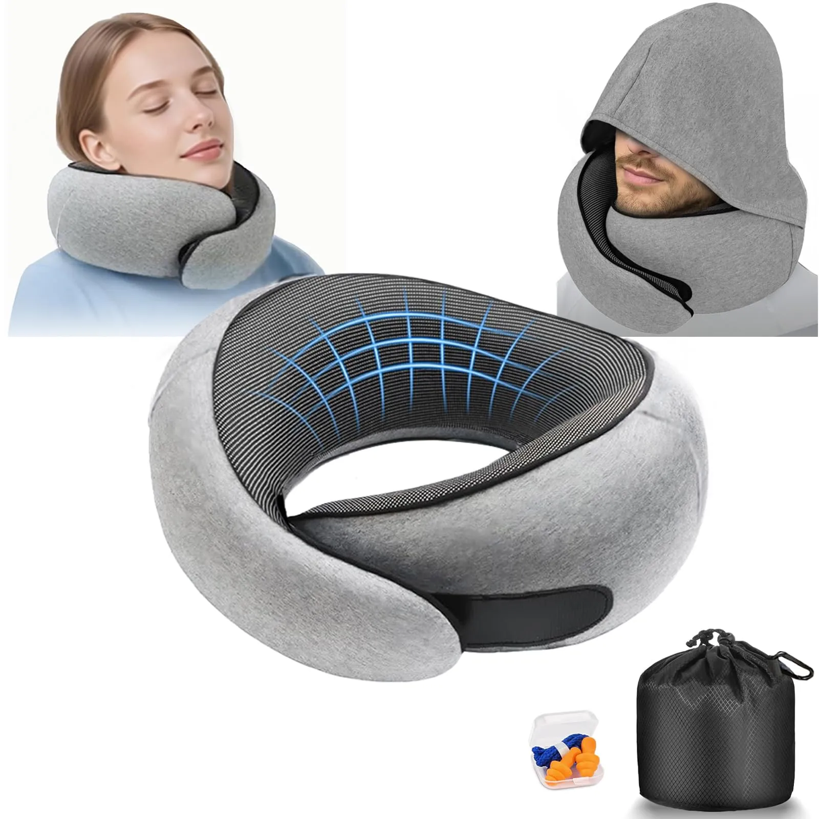 Furansijin Cuscino da Viaggio Memory Foam con Cappuccio, Grigio Chiaro - immagine 1
