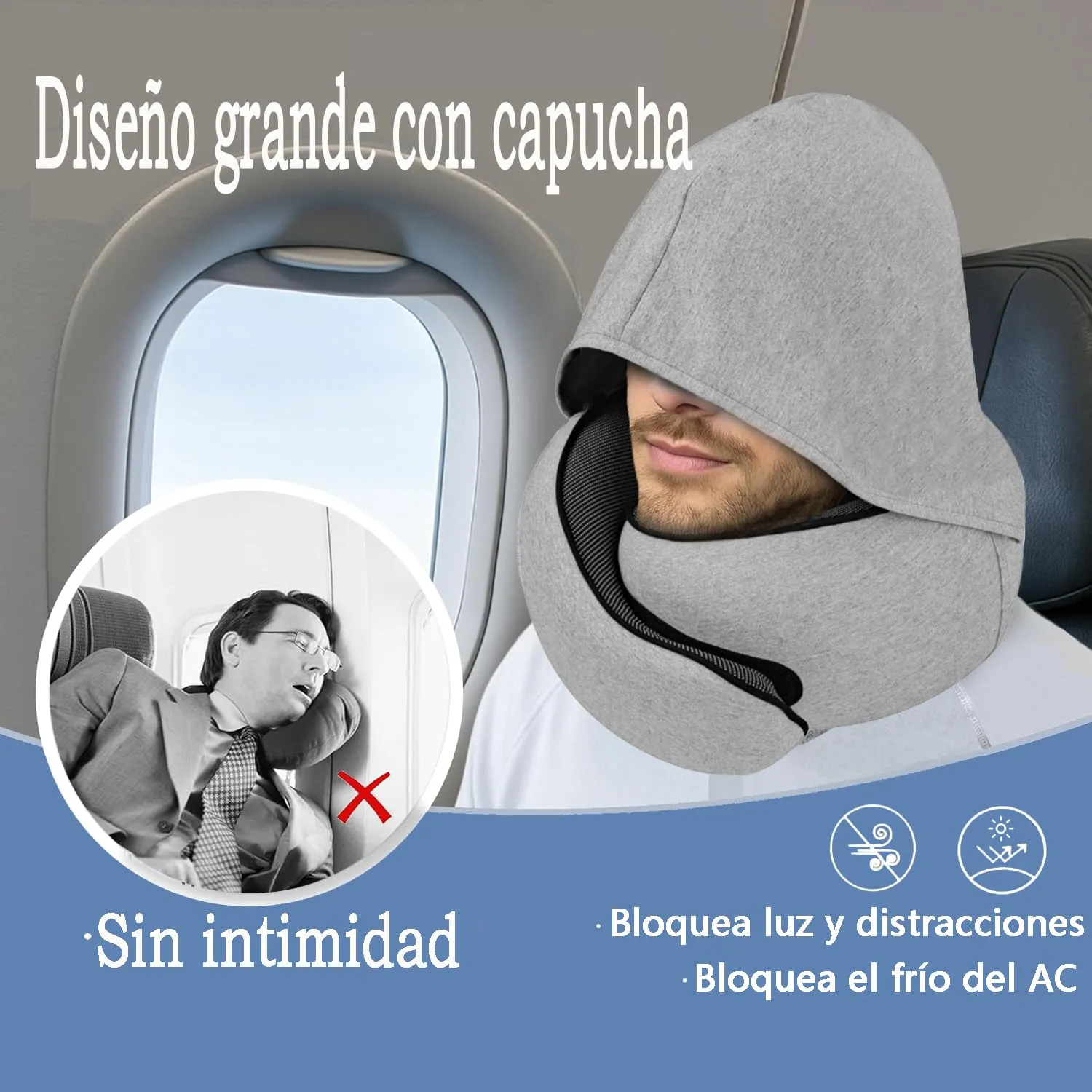 Furansijin Cuscino da Viaggio Memory Foam con Cappuccio, Grigio Chiaro - immagine 3