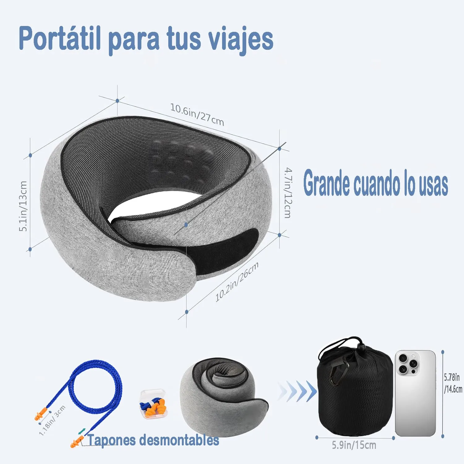 Furansijin Cuscino da Viaggio Memory Foam con Cappuccio, Grigio Chiaro - immagine 4