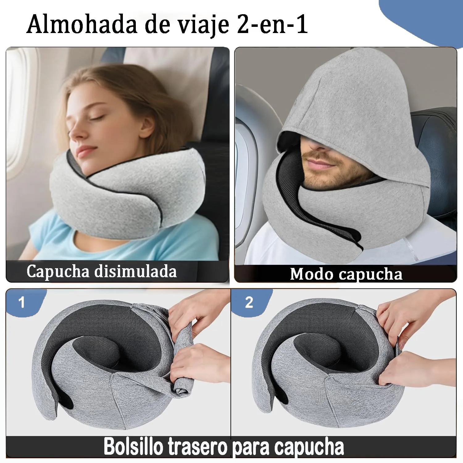 Furansijin Cuscino da Viaggio Memory Foam con Cappuccio, Grigio Chiaro - immagine 5
