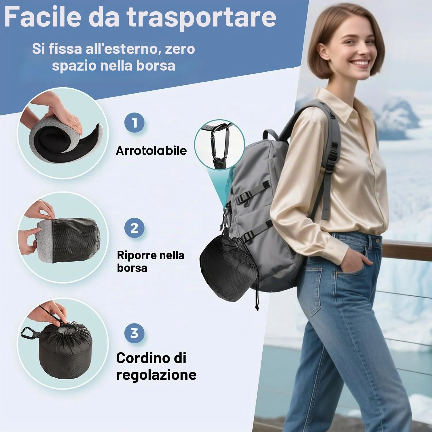 Furansijin Cuscino da Viaggio Memory Foam con Cappuccio, Grigio Chiaro - immagine 6