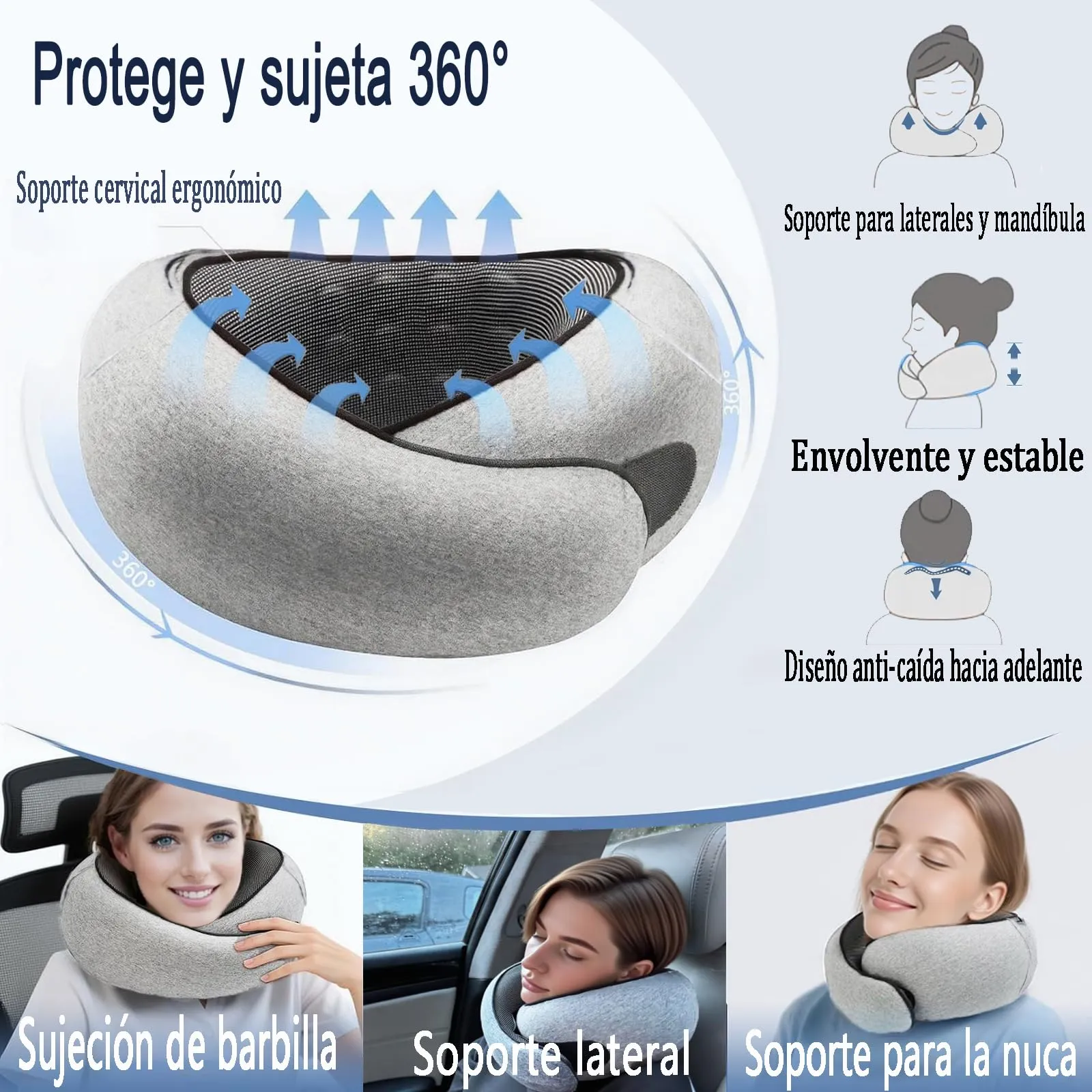 Furansijin Cuscino da Viaggio Memory Foam con Cappuccio, Grigio Chiaro - immagine 7