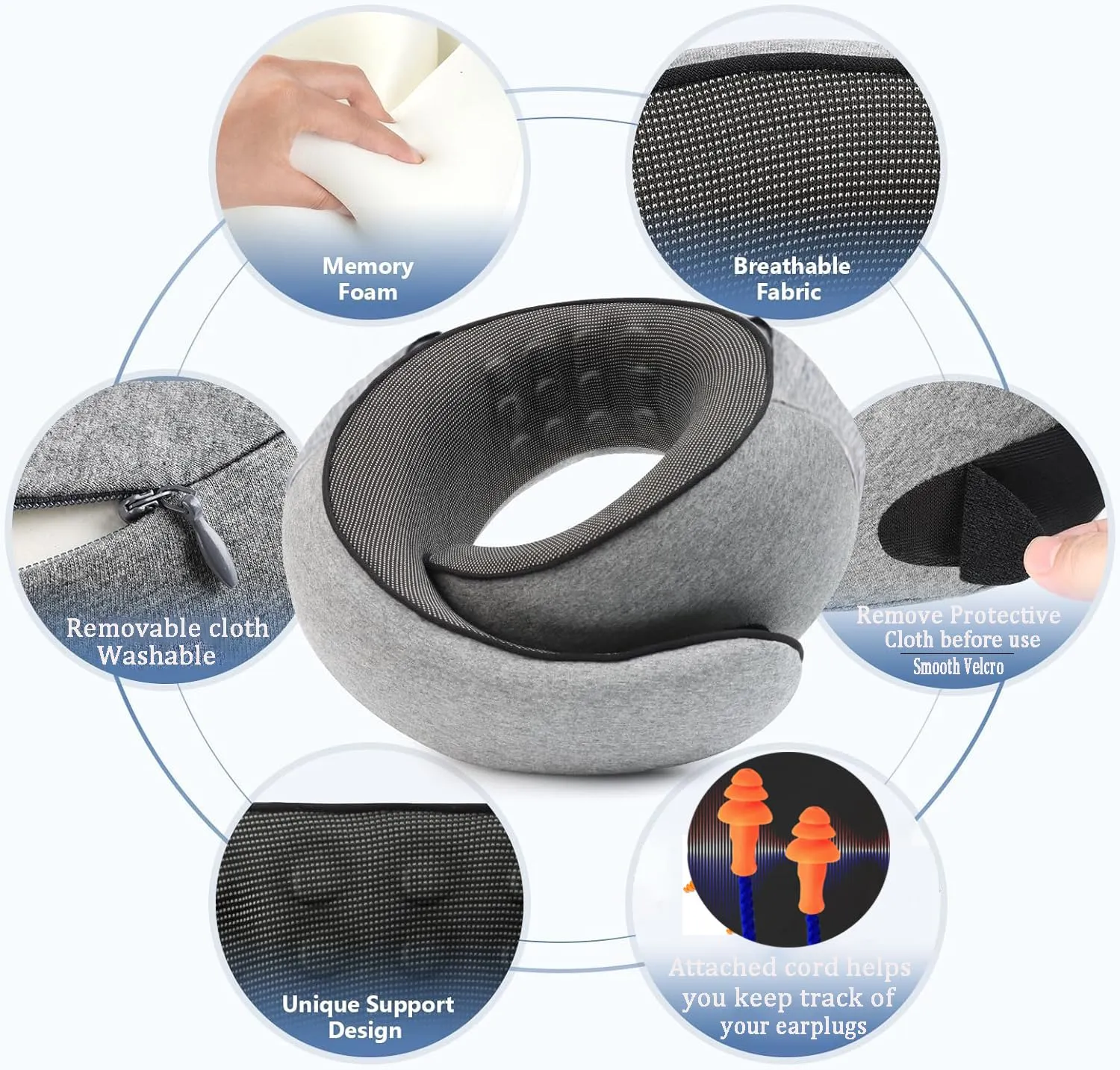 Furansijin Cuscino da Viaggio Memory Foam con Cappuccio, Grigio Chiaro - immagine 8