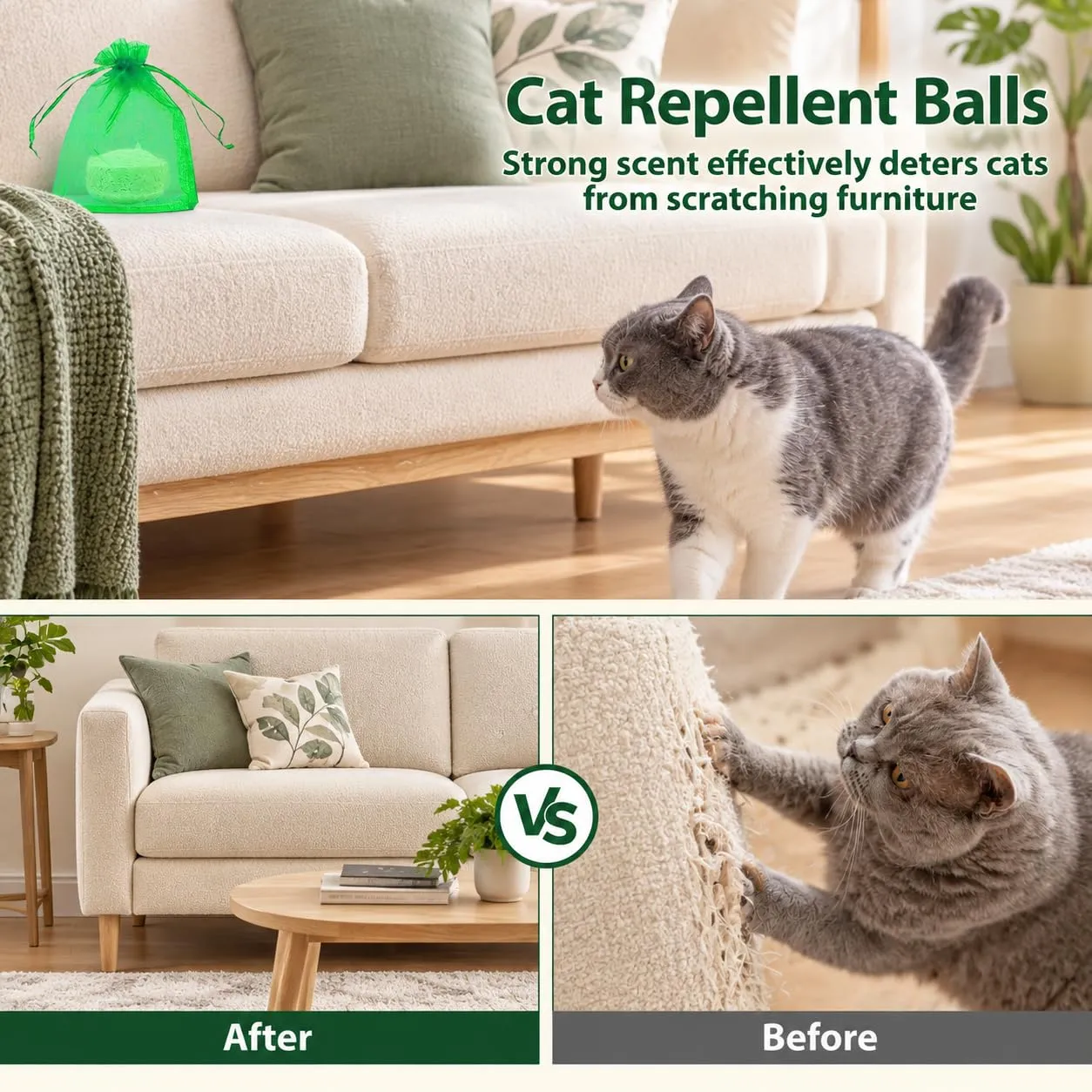 FePen Repellente per Gatti e Cani per Esterni e Interni, 10 Palline Repulsive Naturali con 5 Sacchetti in Tessuto (Verde scuro) - immagine 4