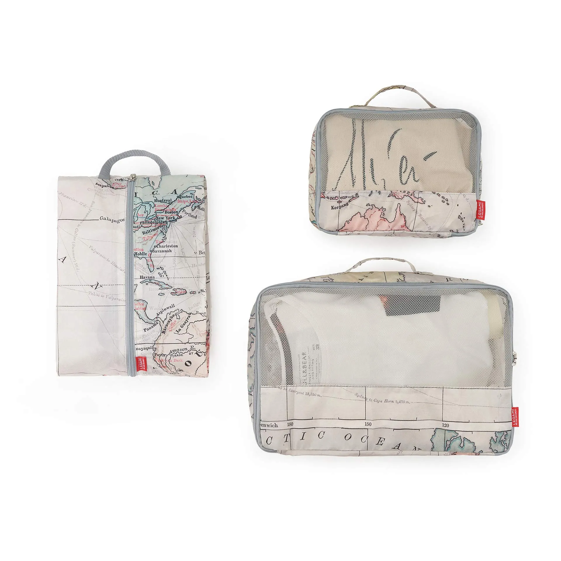 Legami Travel Organiser Set of 3 Travel Pouches, Map Print - immagine 1