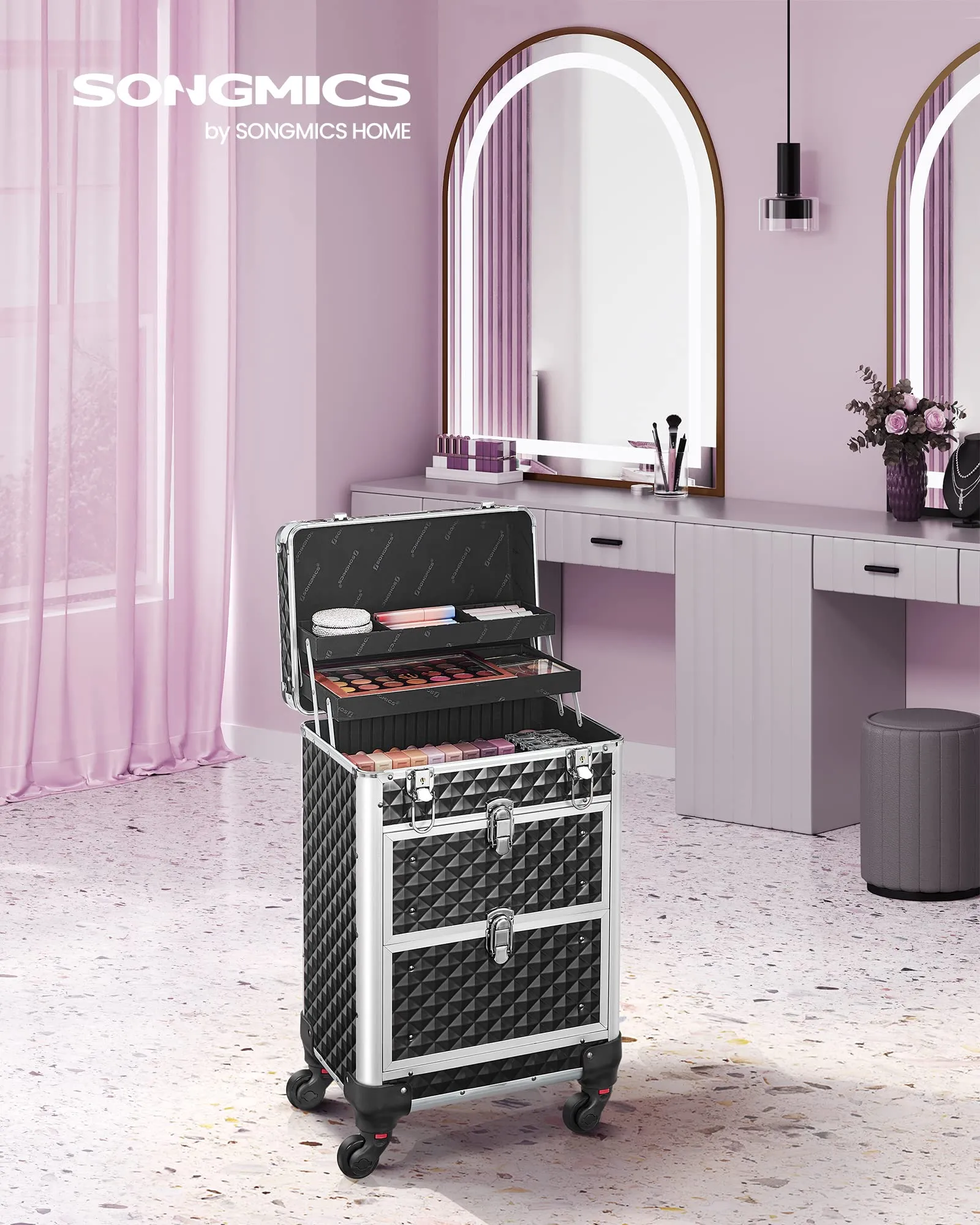 SONGMICS Valigetta Trucchi Trolley, 34 x 24 x 56 cm, 2 Cassetti - immagine 2