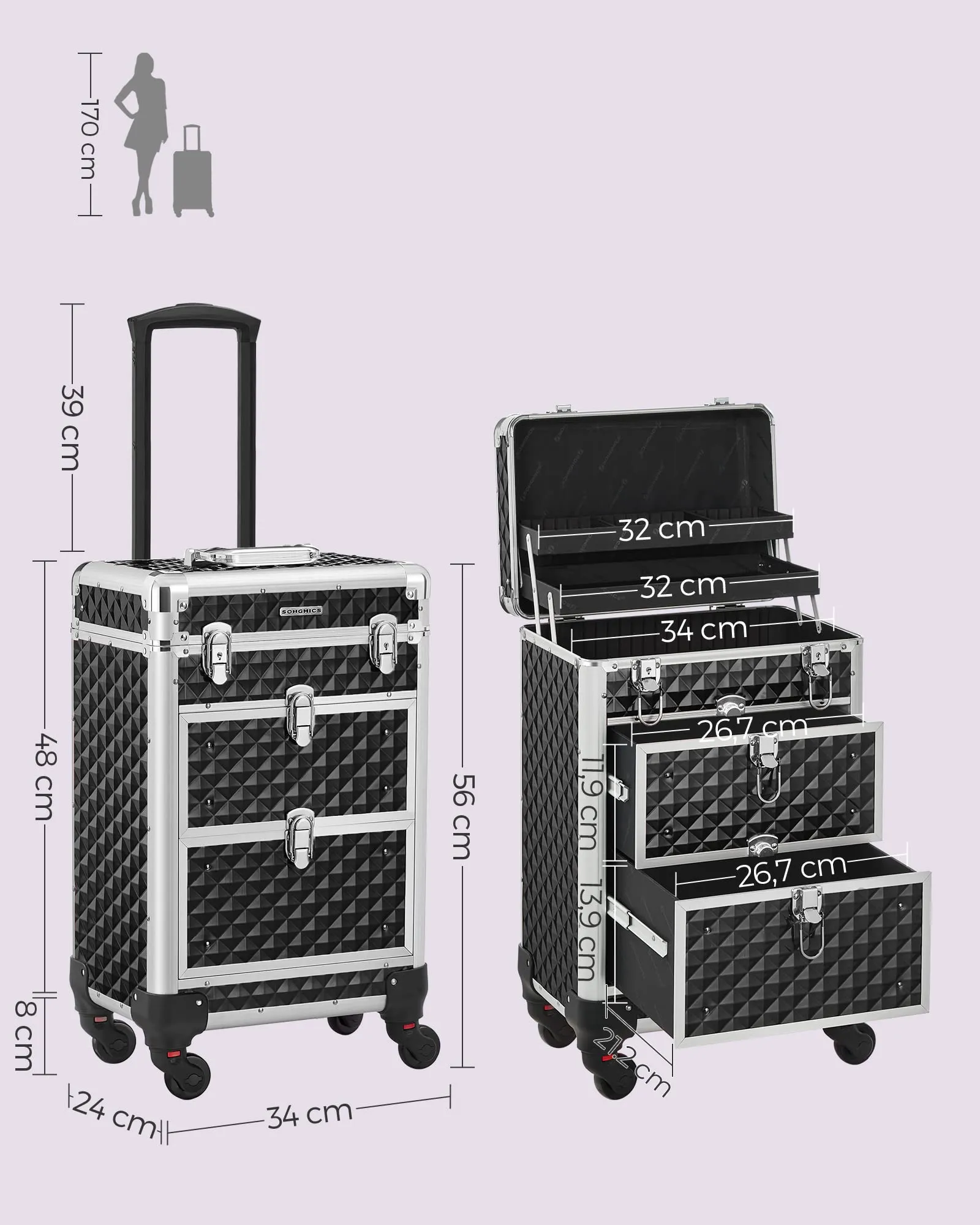 SONGMICS Valigetta Trucchi Trolley, 34 x 24 x 56 cm, 2 Cassetti - immagine 3