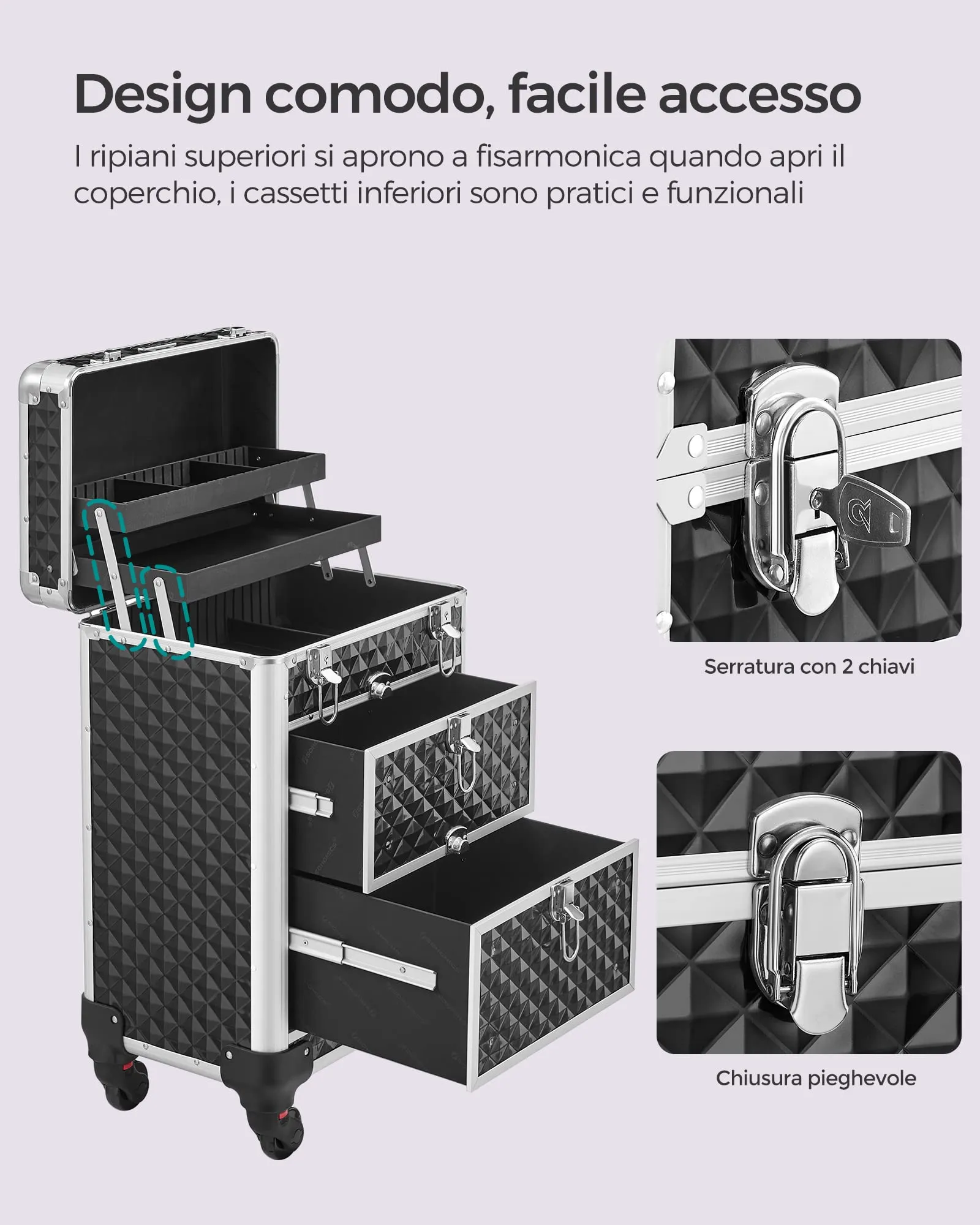 SONGMICS Valigetta Trucchi Trolley, 34 x 24 x 56 cm, 2 Cassetti - immagine 4