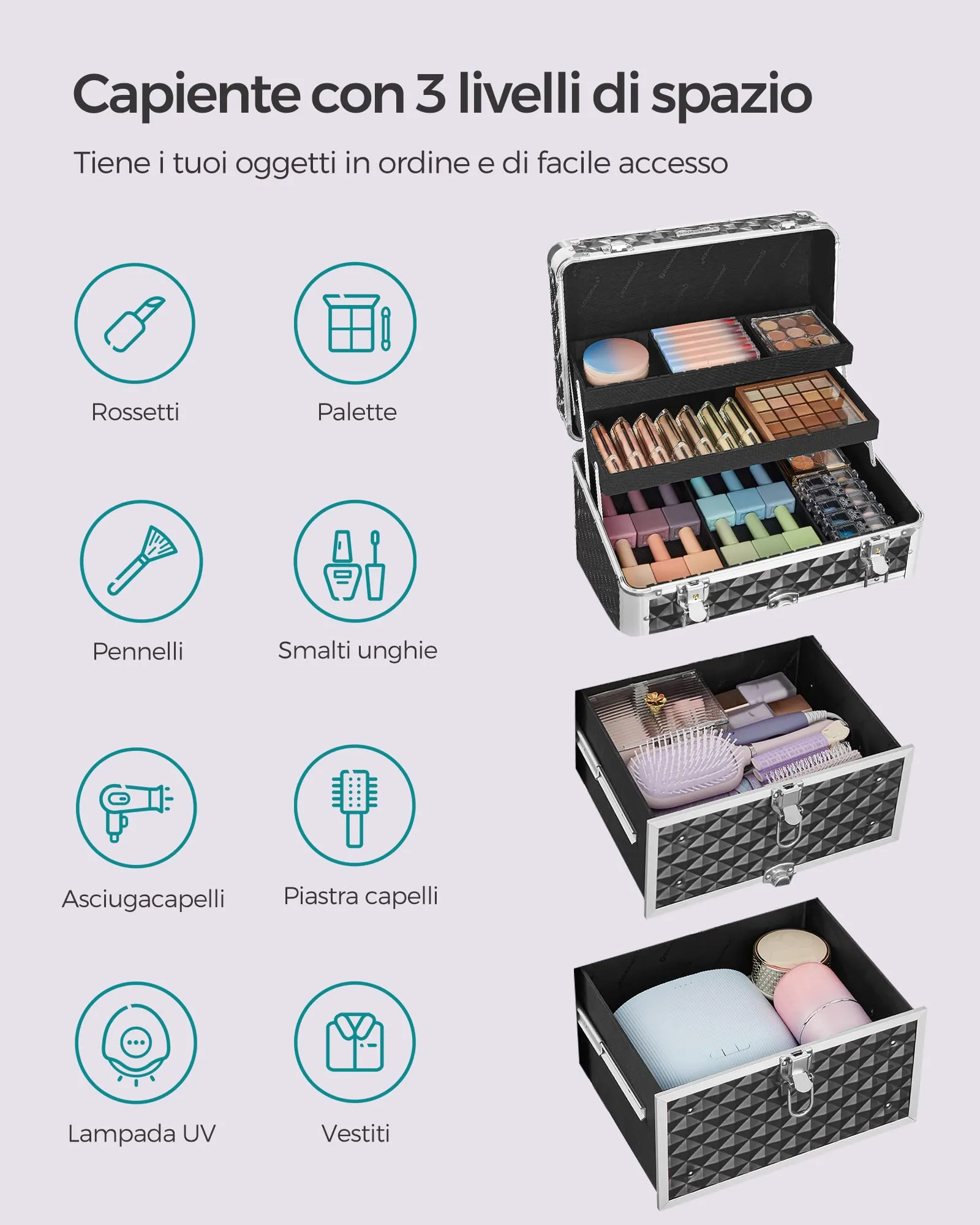 SONGMICS Valigetta Trucchi Trolley, 34 x 24 x 56 cm, 2 Cassetti - immagine 6