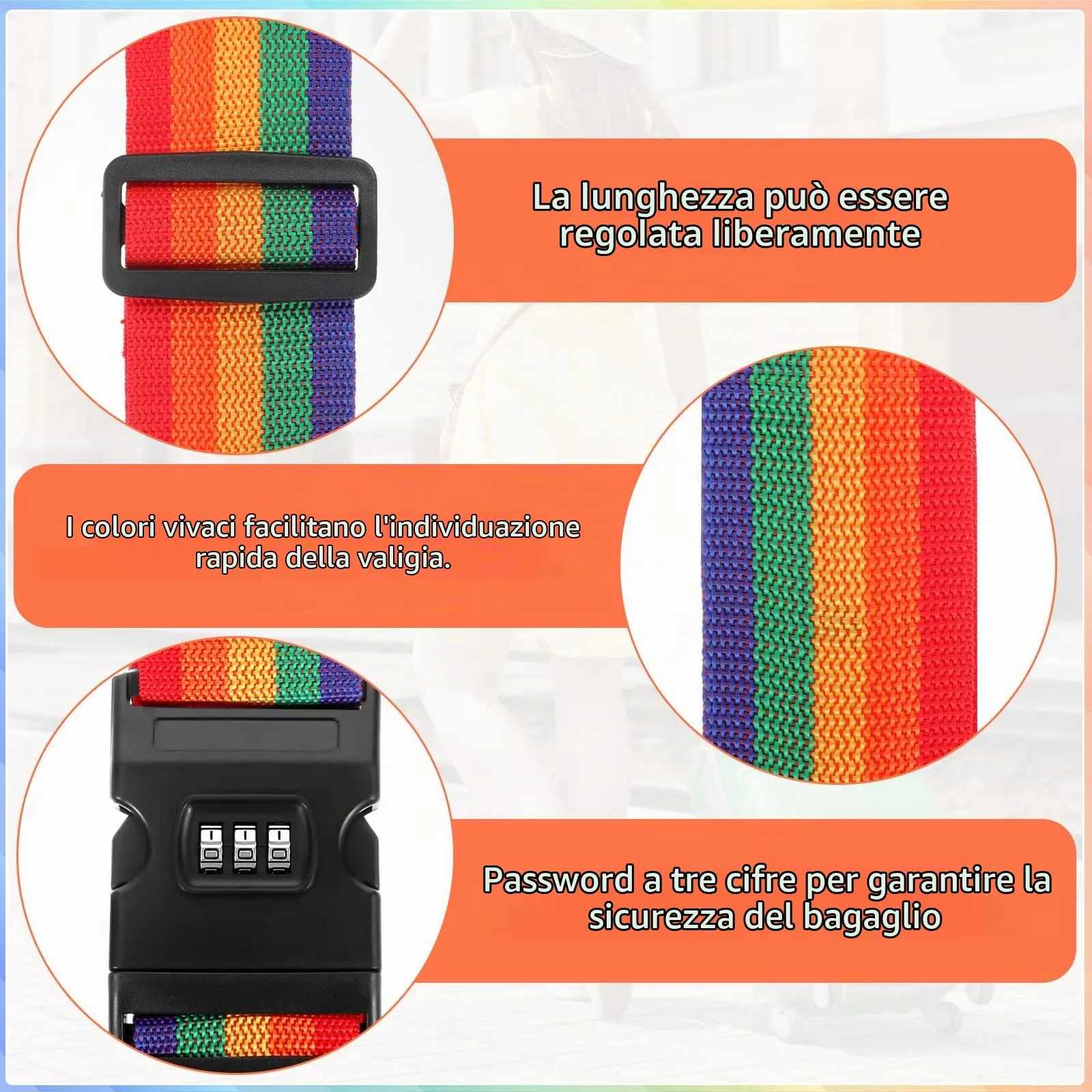 Yoosso Cinghie per Valigia con Chiusura a Combinazione, Arcobaleno, 2 Pezzi - immagine 3