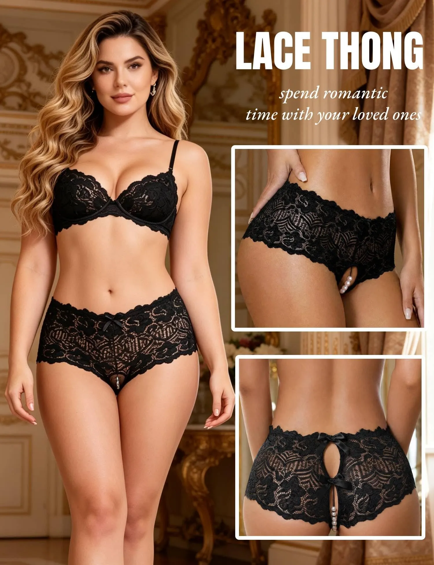 comeondear Perizoma Aperto Donna in Pizzo Nero, M - immagine 5