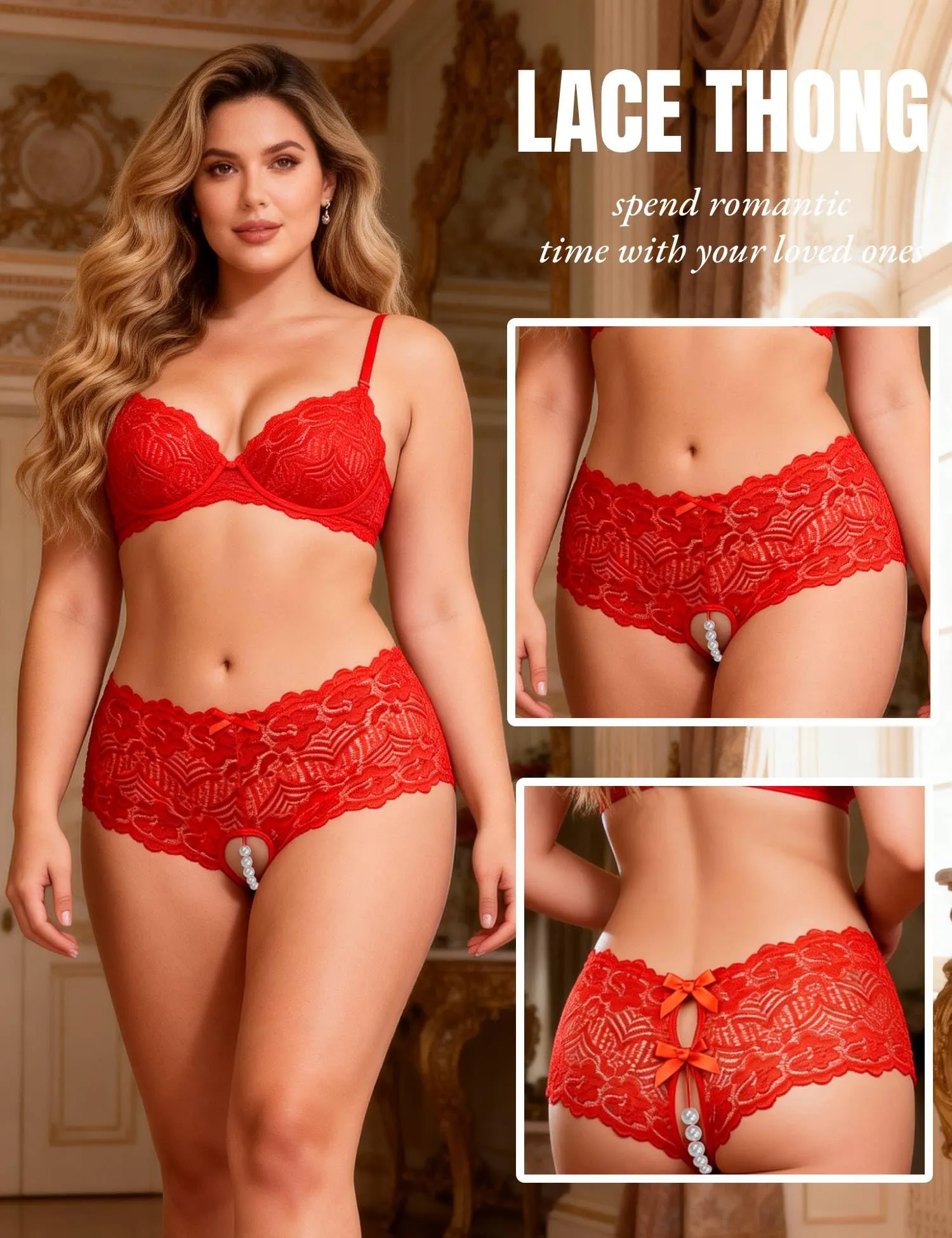 comeondear Perizoma Aperto Donna in Pizzo, Rosso, S - immagine 4