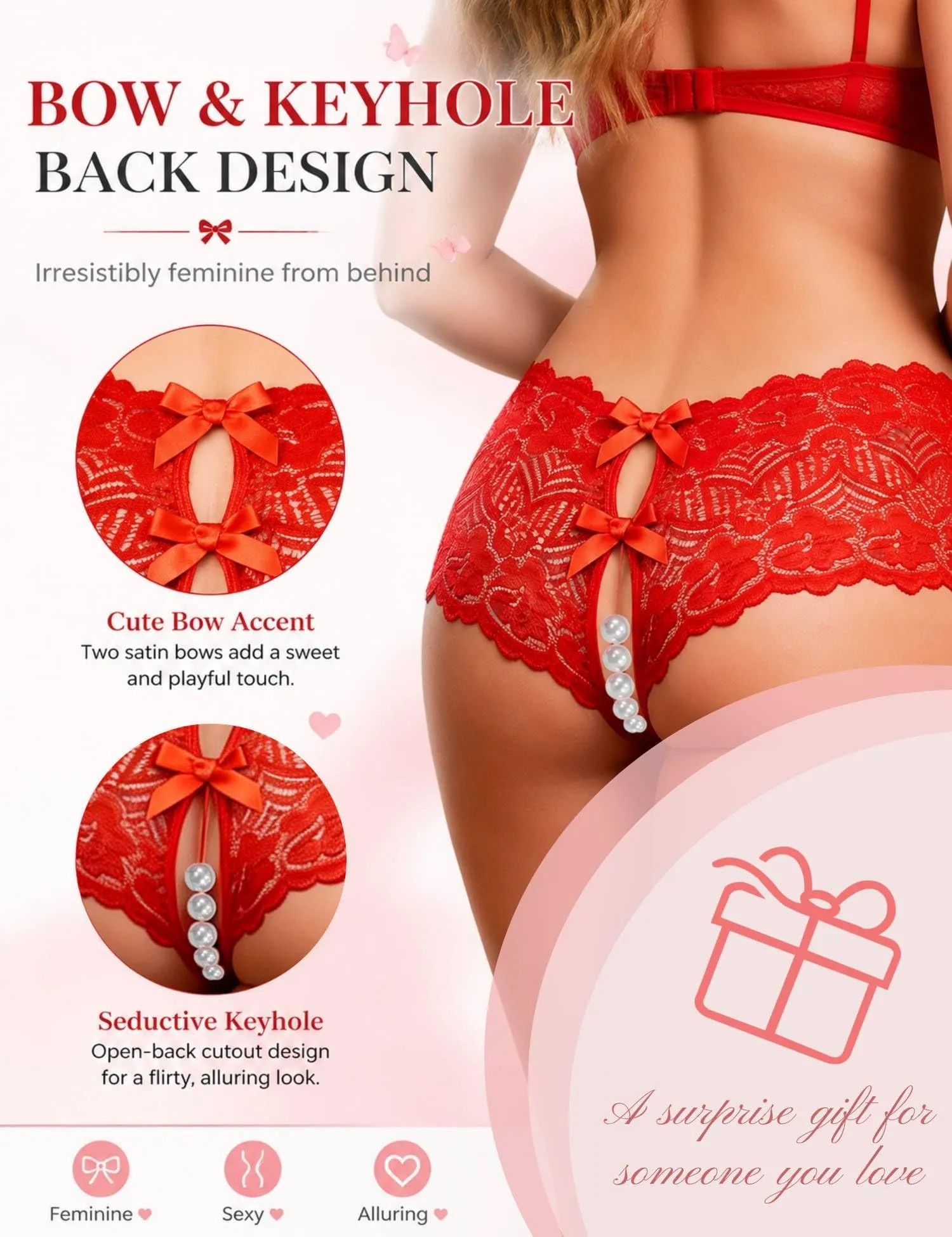 comeondear Perizoma Aperto Donna in Pizzo Rosso, L - immagine 3