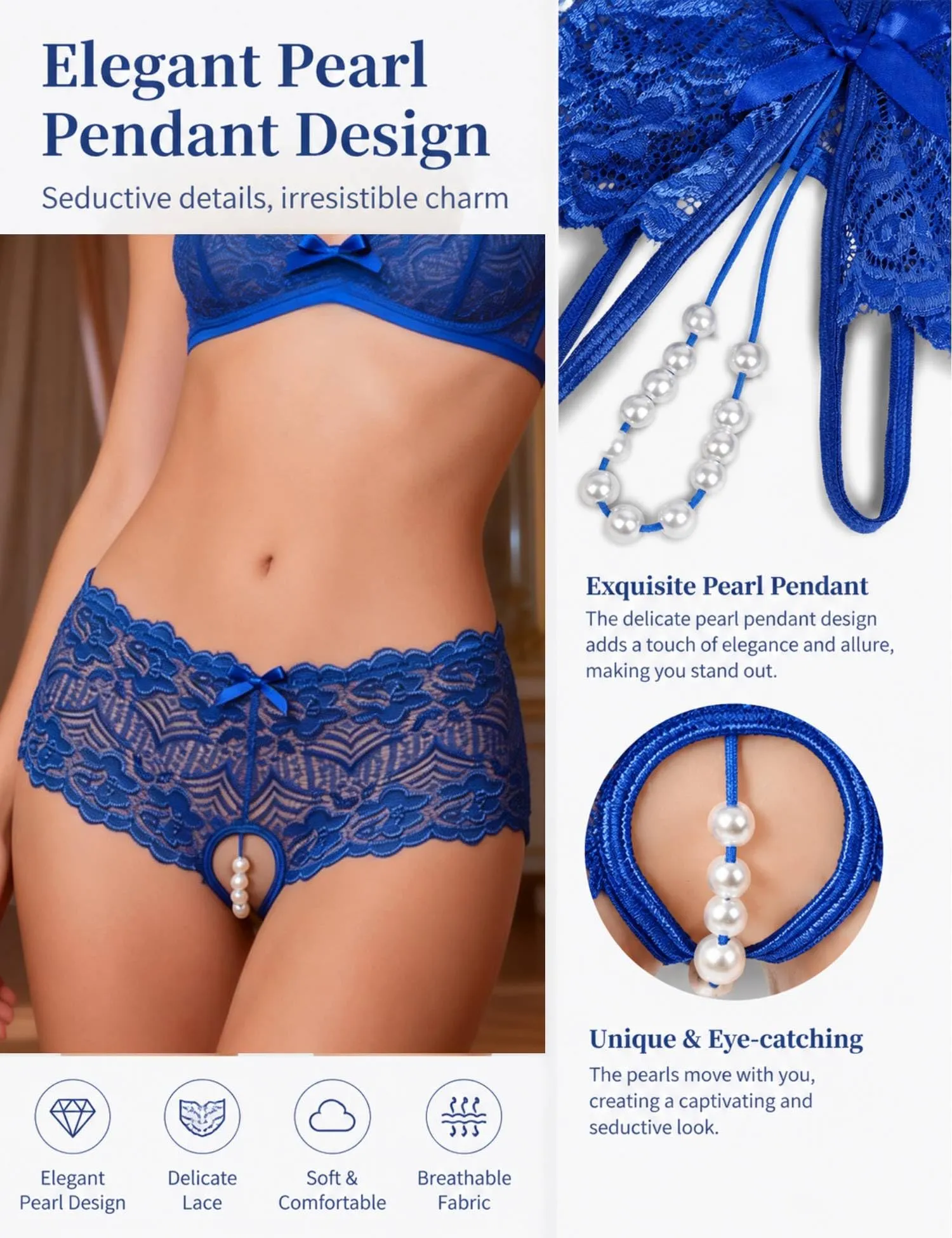 comeondear Perizoma Aperto Donna in Pizzo Blu, S - immagine 3