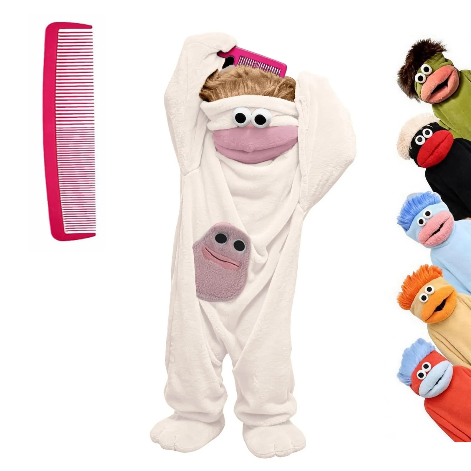 Costume Tuta Intera Mostro a Bocca Grande in Pile, Unisex, Beige, 10-13 Anni - immagine 4