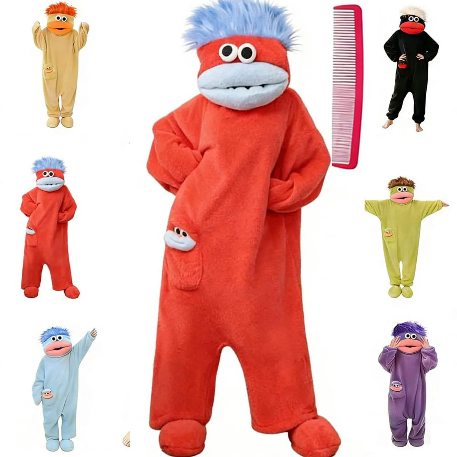 Pagliaccetto Mostro in Peluche con Cappuccio e Pettine, Pigiama Unisex in Pile, Arancione - immagine 4